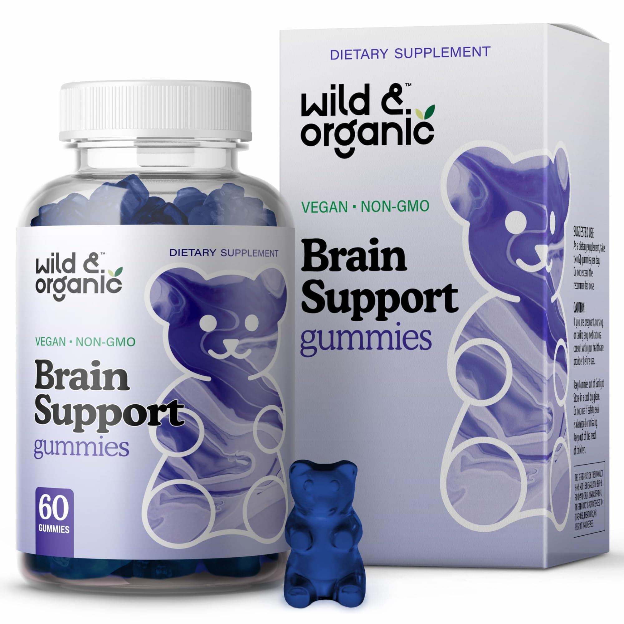 Wild & Organic Brain Support Gummies - Focus Supplement w/Ashwagandha Root, Vitamin B12, Ginkgo Biloba, Bacopa - Vegan Chews for Clarity & Productivity - 60 Brain Gummies