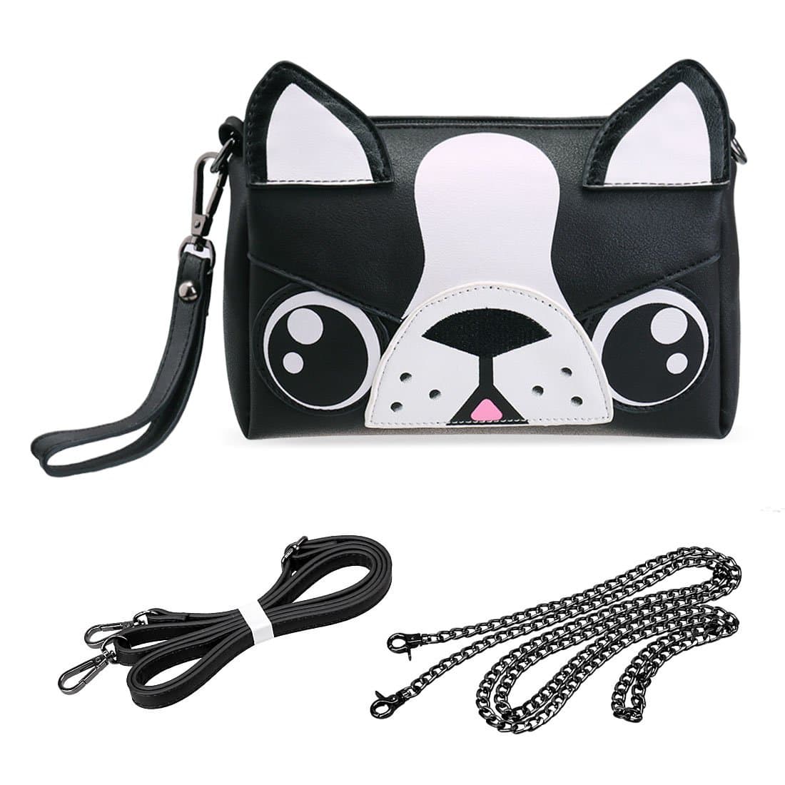 BMC Cute Animal Dog Puppy Face Purse for Girls Teens Women - 3 Detachable Straps for Crossbody Bag Clutch Wristlet Shoulder Handbag - PU Faux Leather - Black/White Boston Terrier Design