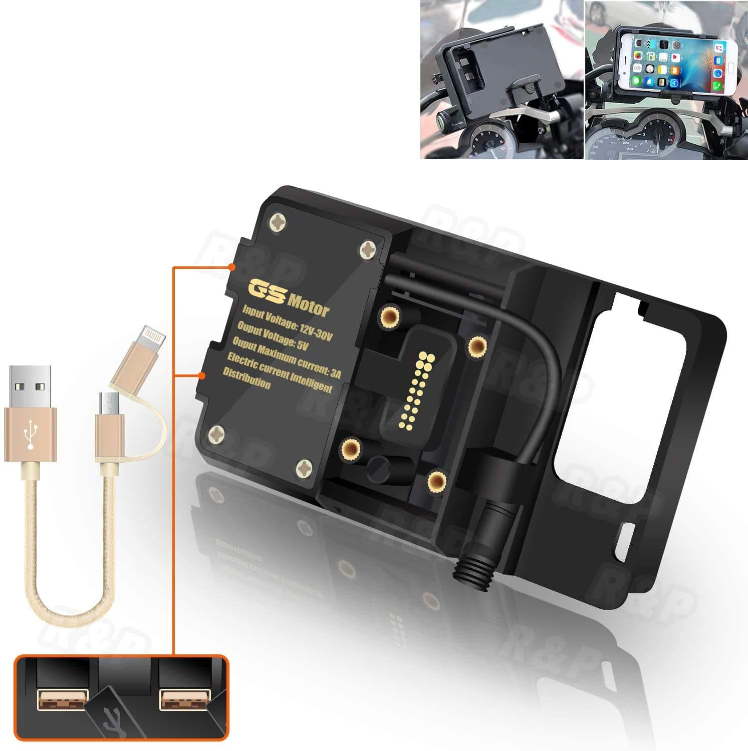 R&P for BMW R1200GS Mobile Phone Navigation Bracket ADV F700 800GS CRF1000L Africa Twin for Honda Motorcycle USB Charging 12MM Mount
