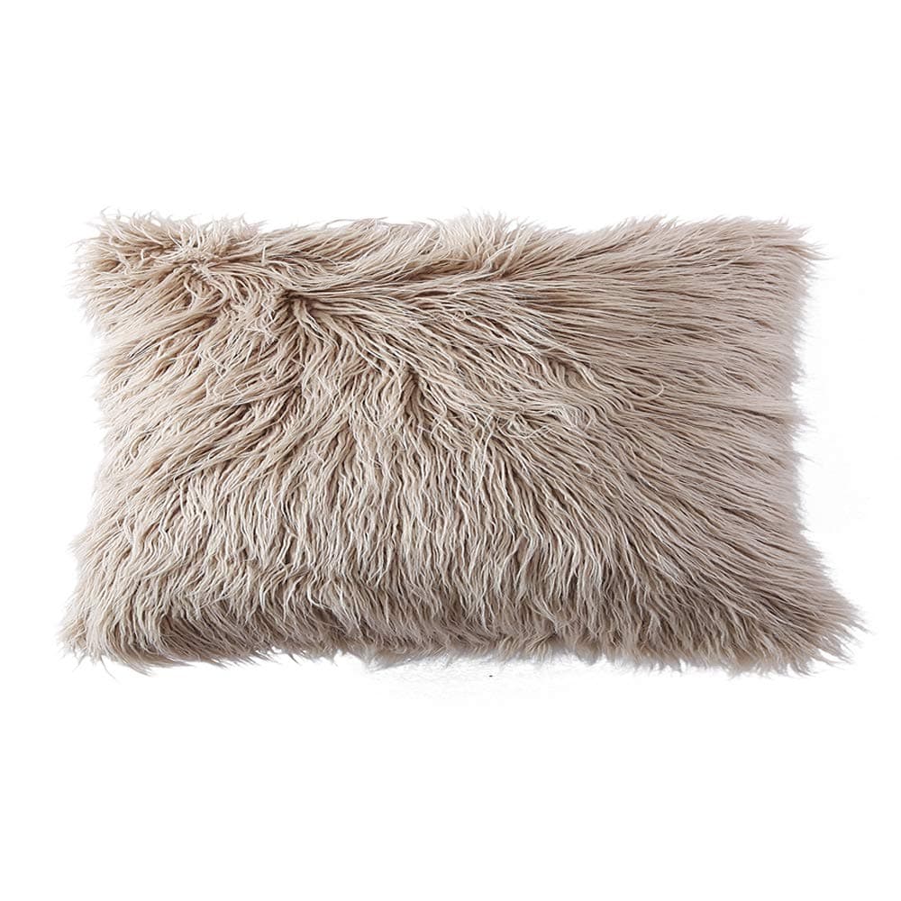 OJIA Deluxe Home Decorative Super Soft Plush Mongolian Faux Fur Throw Pillow Cover Cushion Case (12 x 20 Inch, Light Coffee)
