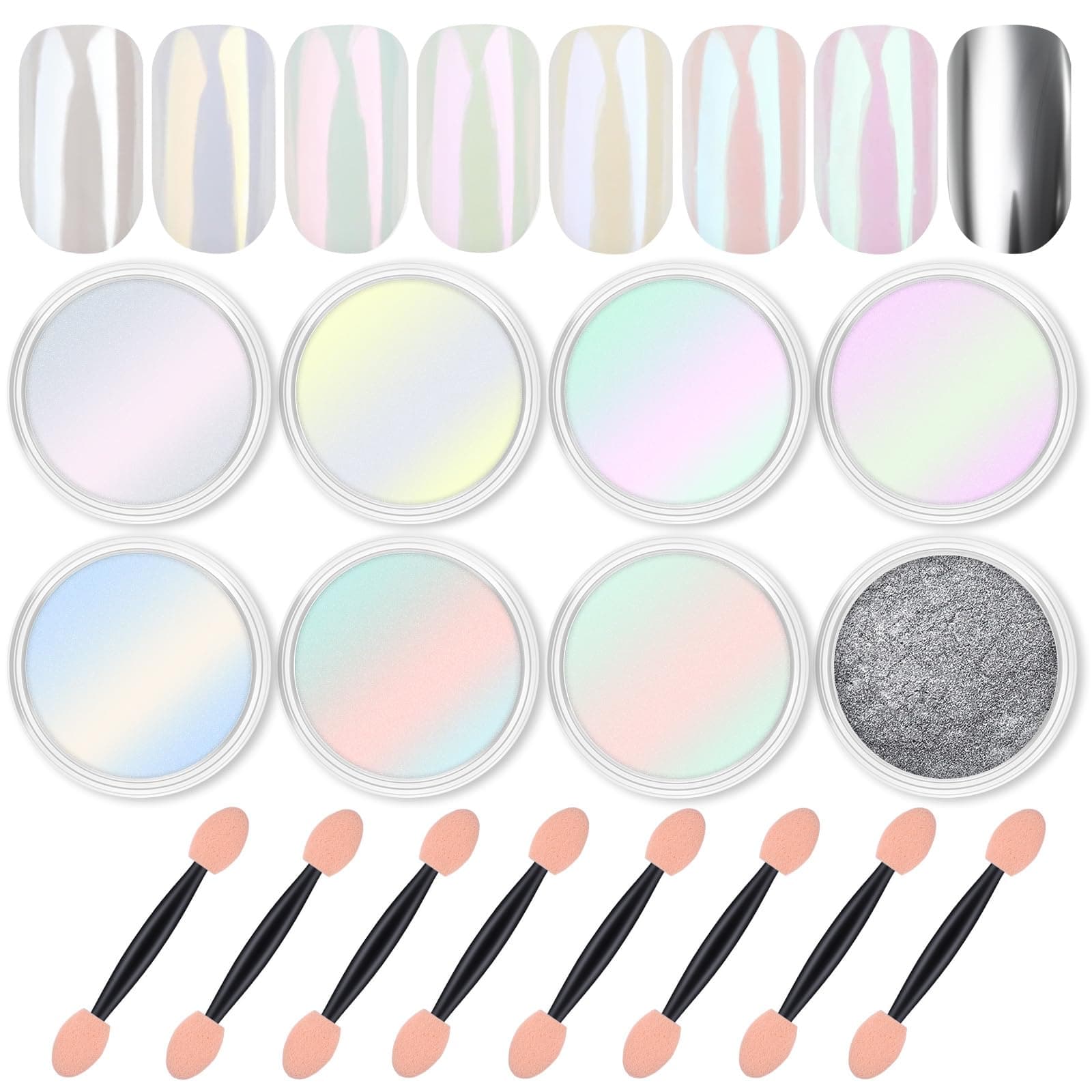 8 Jars Chrome Nail Powder Magic White Pearl Kit Mirror Effect Silver Metallic Holographic Dip Nail Powder Decoration Iridescent Aurora Mermaid Pigment