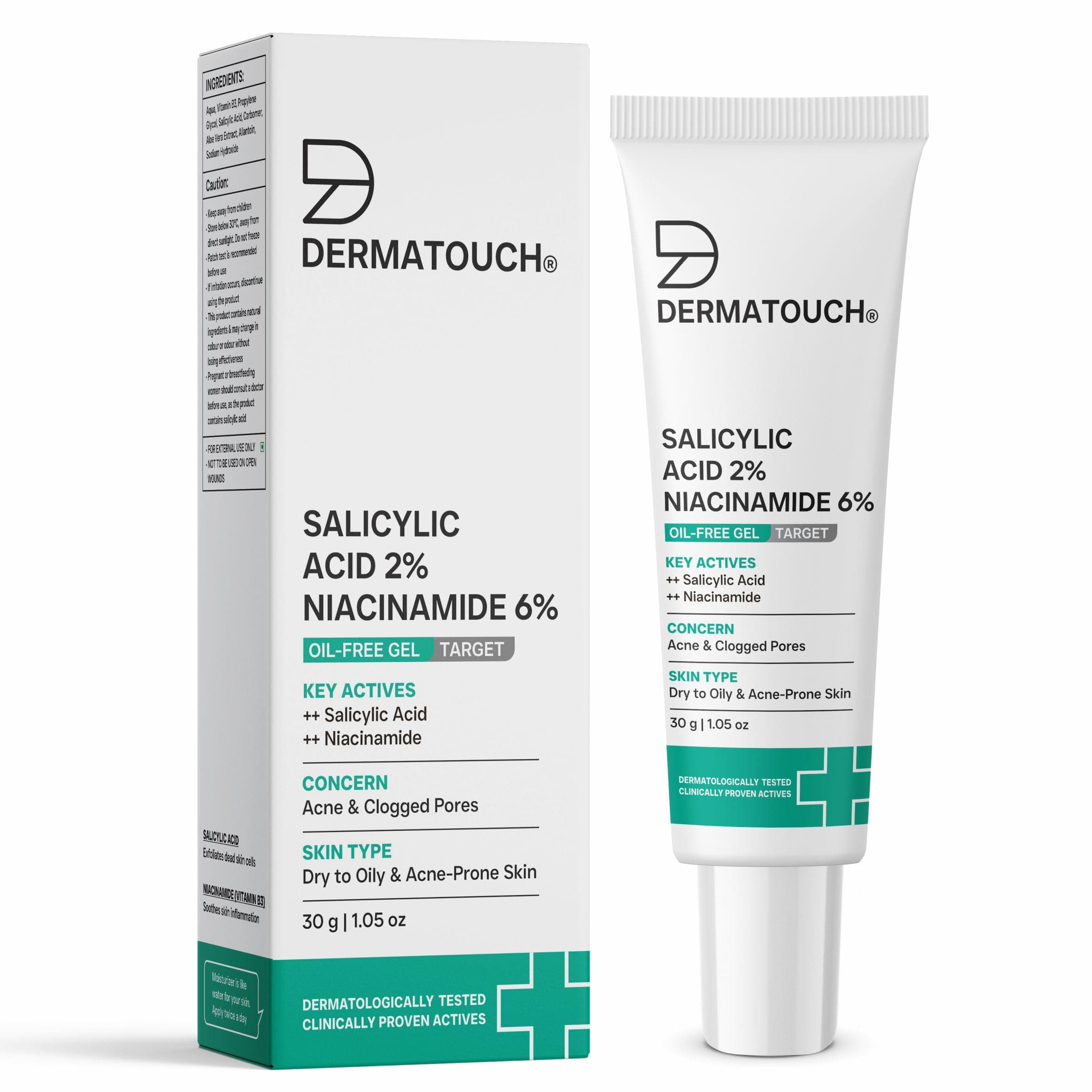 DERMATOUCH Salicylic Acid 2% Niacinamide 6% Anti-Acne Oil-Free Gel | Acne Treatment & Oil Control Face Gel | Pore Tightening & Blemish Care Formula | For Acne Prone Skin | 30g