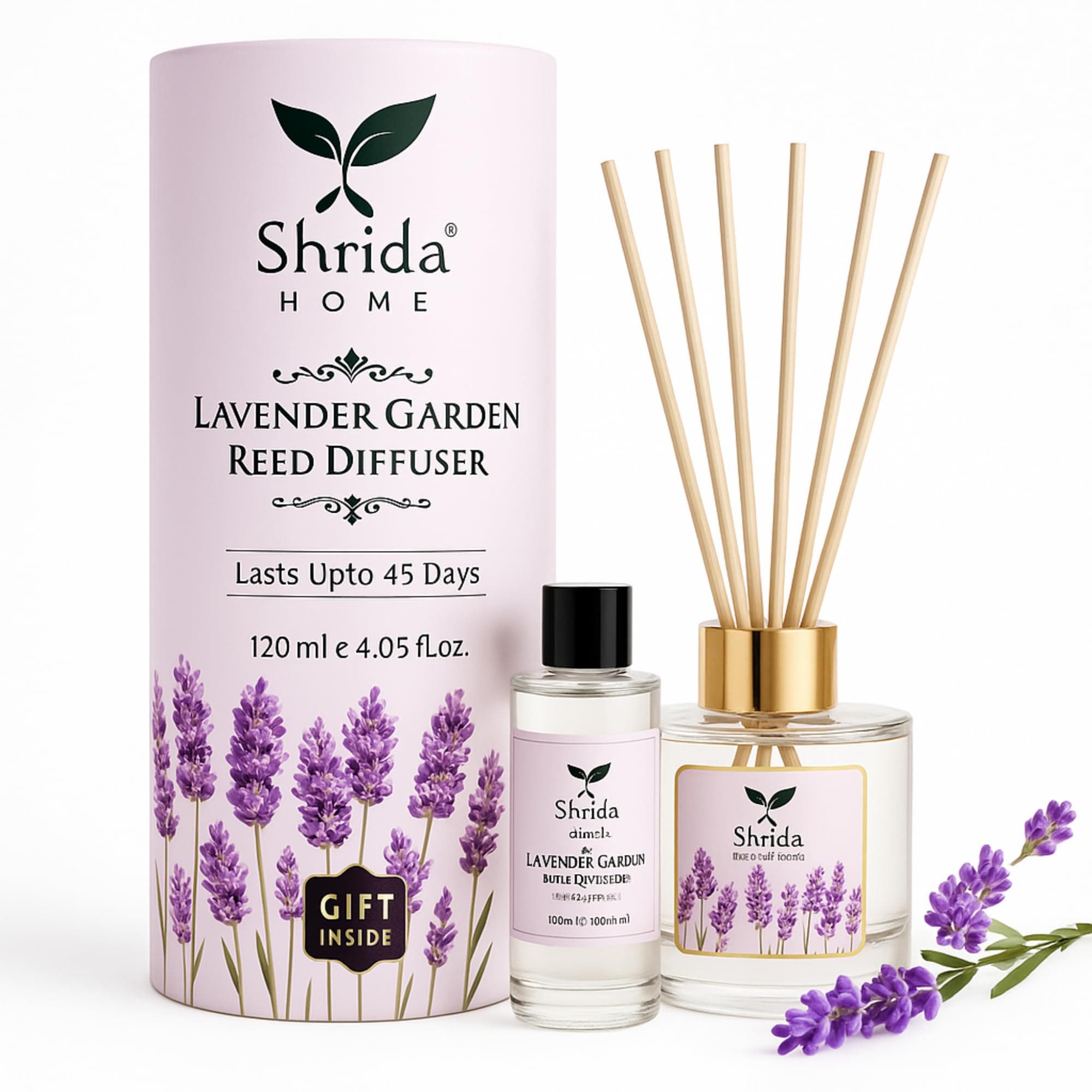 Lavender Reed Diffuser Combo with Extra 120ml Refill, Relaxing & Long-Lasting Aroma, Toxin-Free Room Freshener for Home, Office, Bedroom & Bathroom, Includes 6 Reed Sticks, Gift Ready