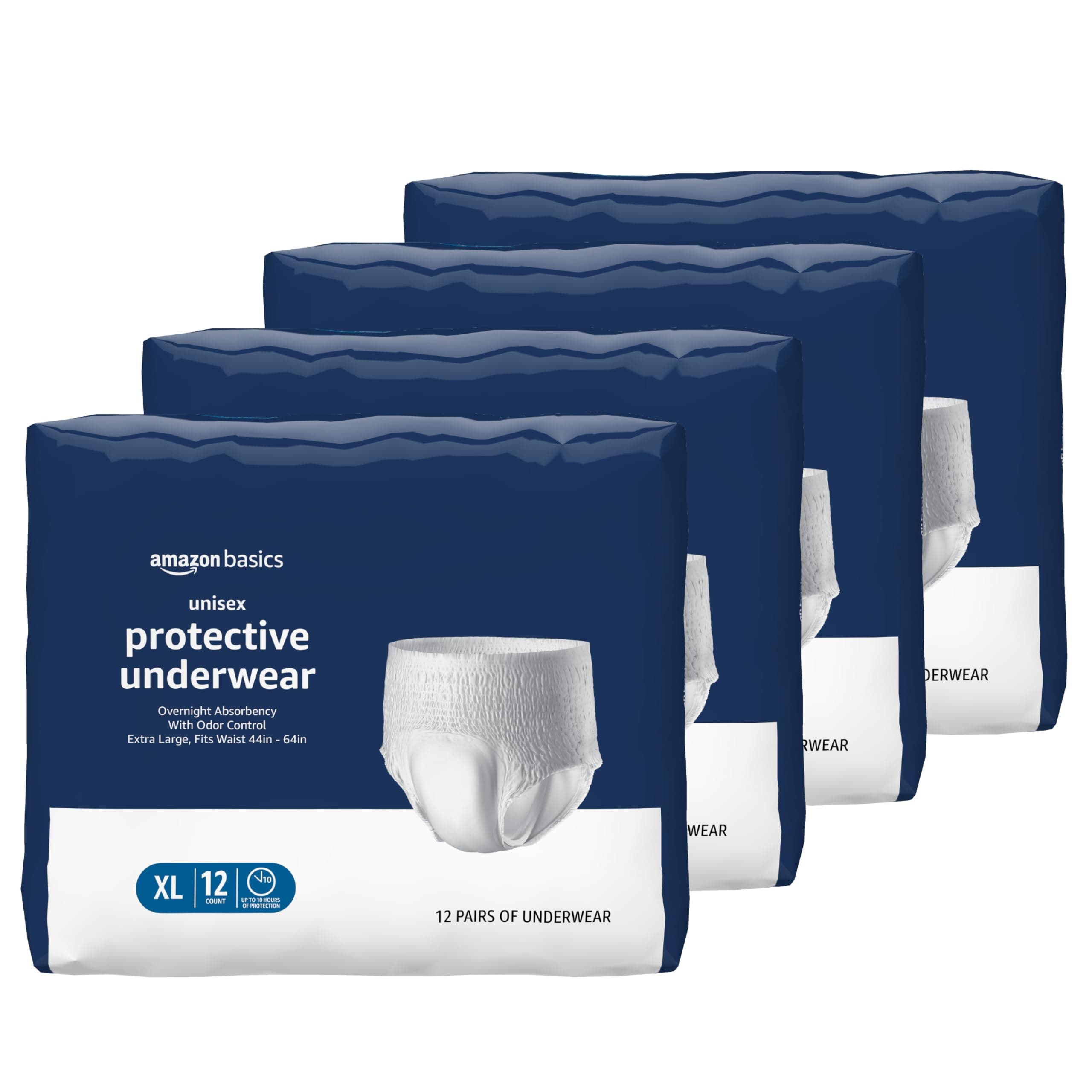 Amazon Basics Unisex Protective Underwear, Overnight Absorbency with Odor Protection, Soft, Extra Large, 48 Count (4 Packs of 12)