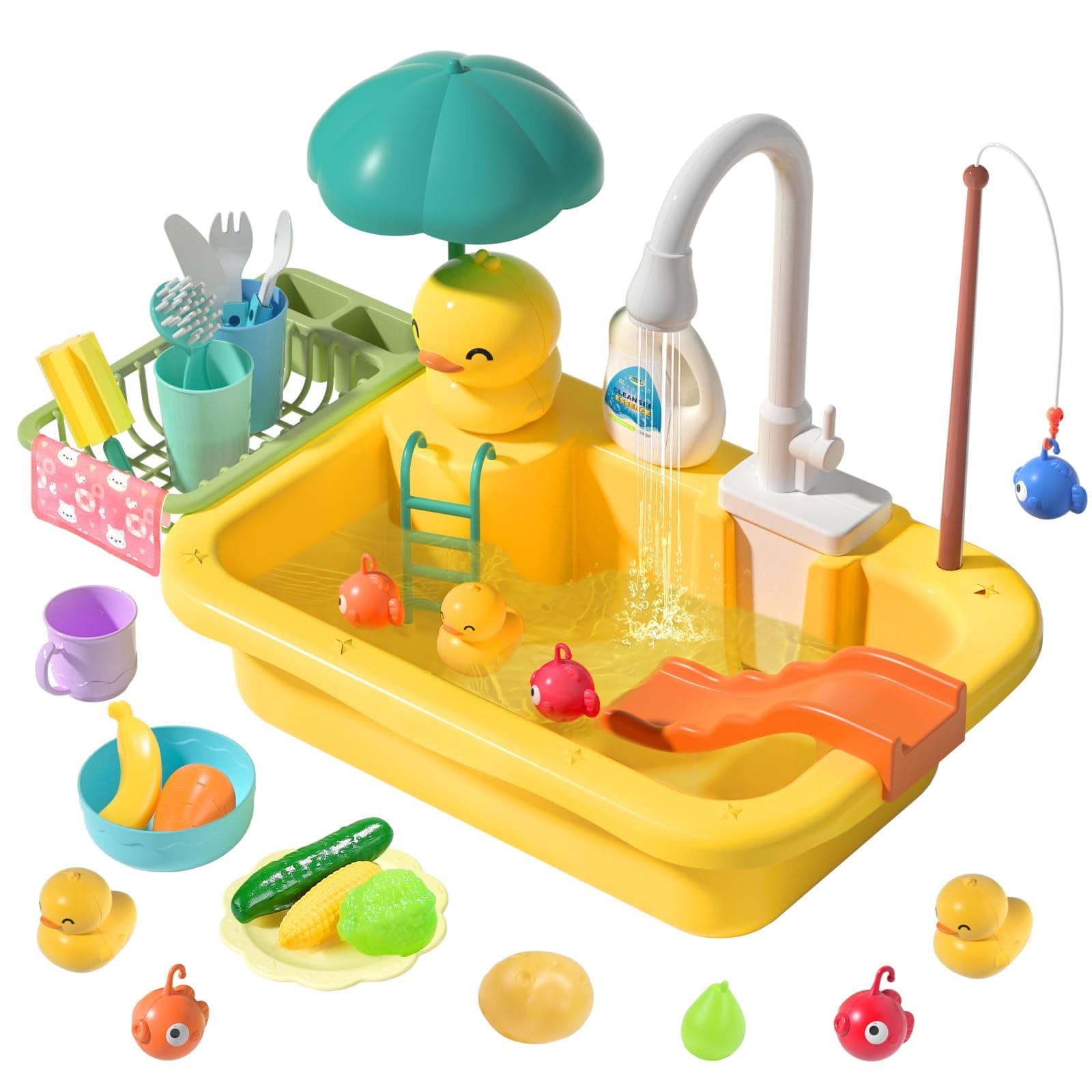 Play Sink with Running Water, Kitchen Sink Toys with Play Food and Kitchen Utensils, Pool Floating Toys for Fishing Game, Children Role Play Electric Dishwasher Toy Gift for Boys Girls