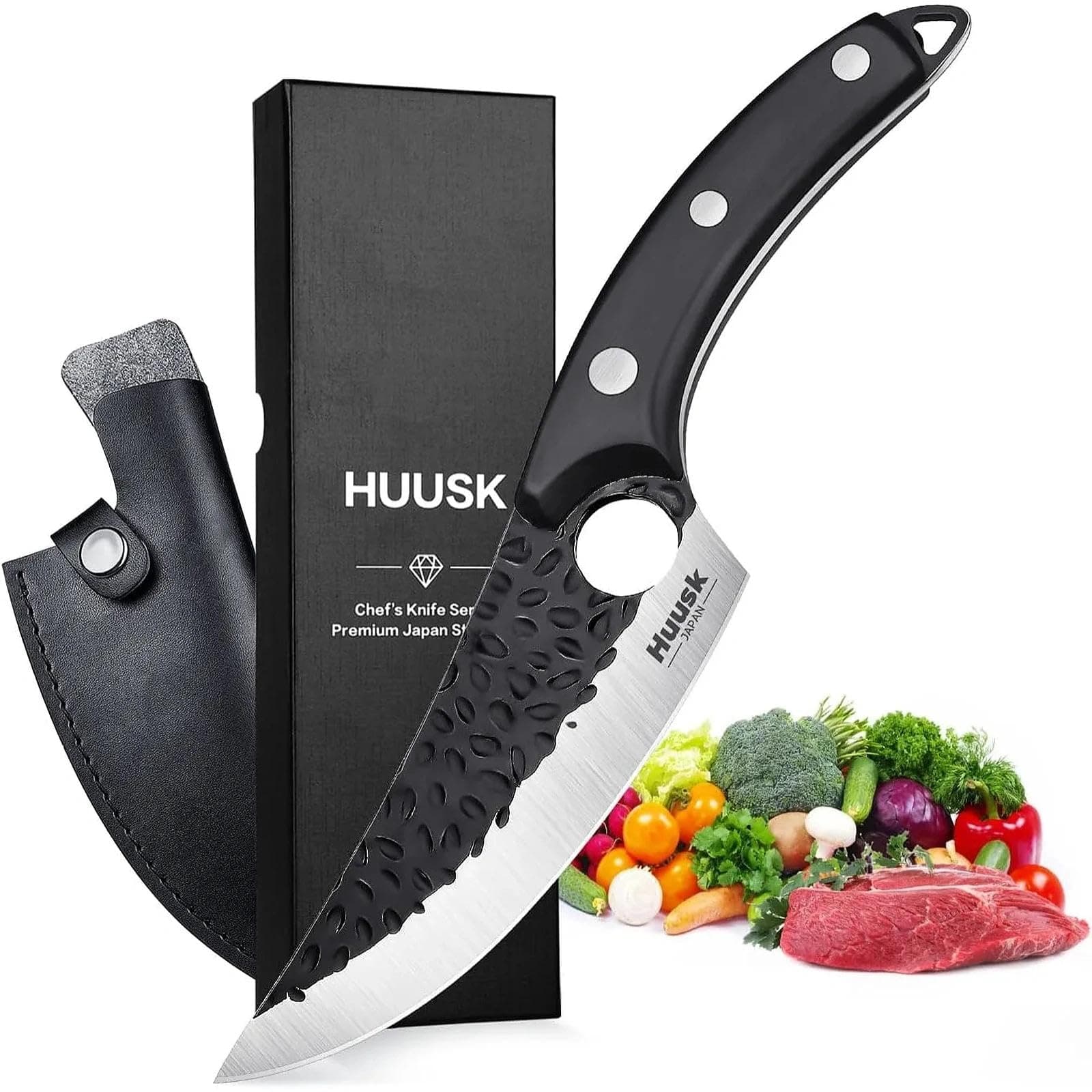 Huusk Knives from Japan - Viking Boning Knife for Meat Cutting with Sheath - Caveman Ultimo Knife for Kitchen or Camping - Hand Forged Full Tang Knives - Christmas Gift for Men and Women
