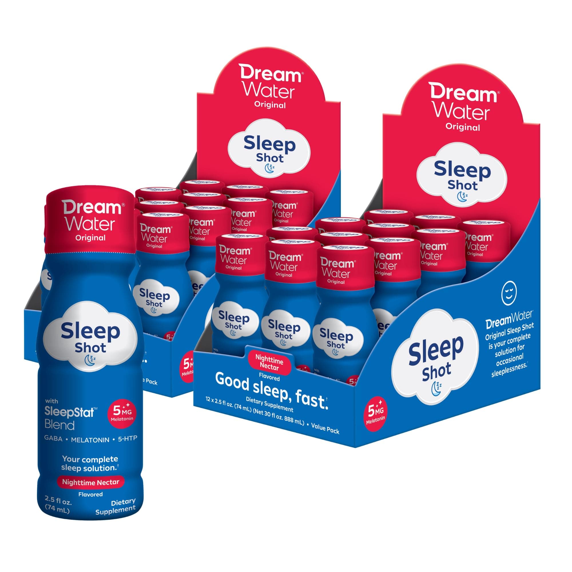 - Dream Water Sleep Aid Supplement Drink; Melatonin 5mg, GABA, 5-HTP; Zero sugar, Natural flavors, No added colors, 2.5 oz liquid sleep shots, Nighttime Nectar, 24-Count