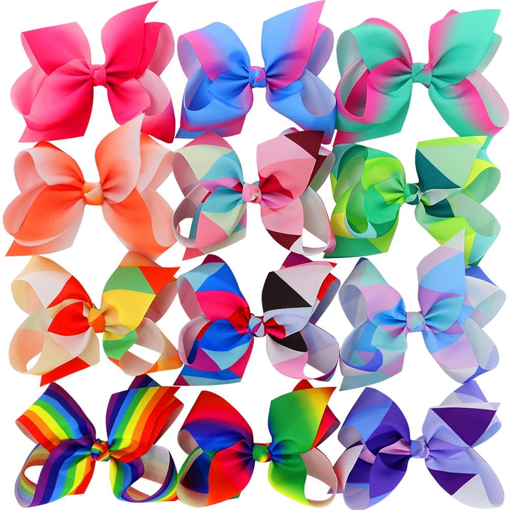 Myamy 6 inches Hair Bows For Girls Large Big Grosgrain Ribbon Boutique Rainbows Hair Bow Clips For Kids Toddlers Teens Children Gifts Set Of 12