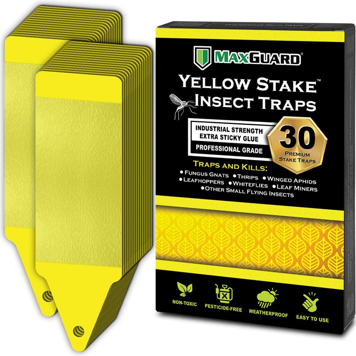 (30 Pack) Yellow Stake Sticky Insect/Bug Traps - Catch and Kill Fungus Gnats, Whiteflies, Mosquitos, Aphids, Leaf Miners, Flying Insect Catcher Glue Trappers for Indoor or Outdoor
