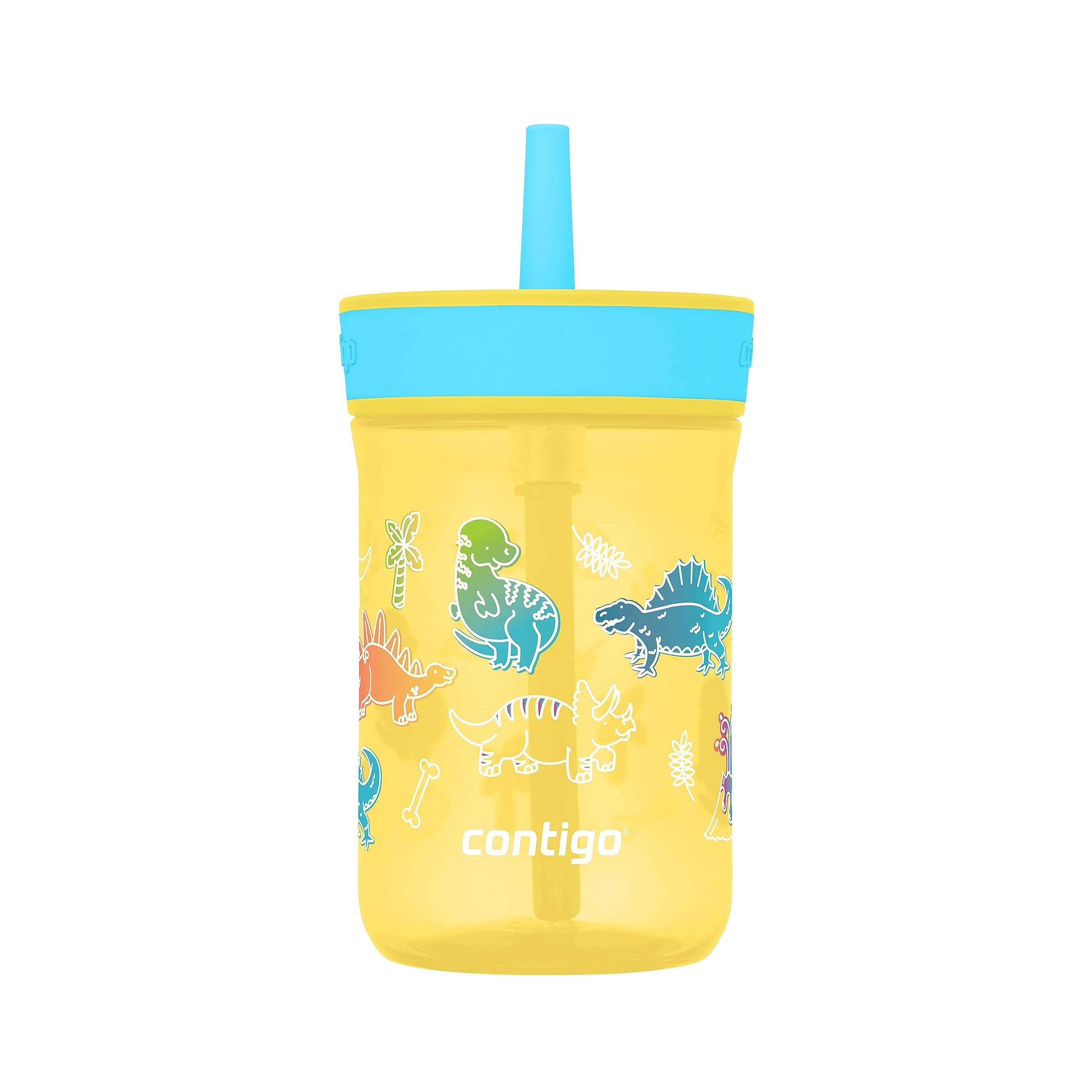Contigo Leighton Kids Plastic Water Bottle, 14oz Spill-Proof Tumbler with Straw for Kids, Dishwasher Safe, Pineapple/Dinos