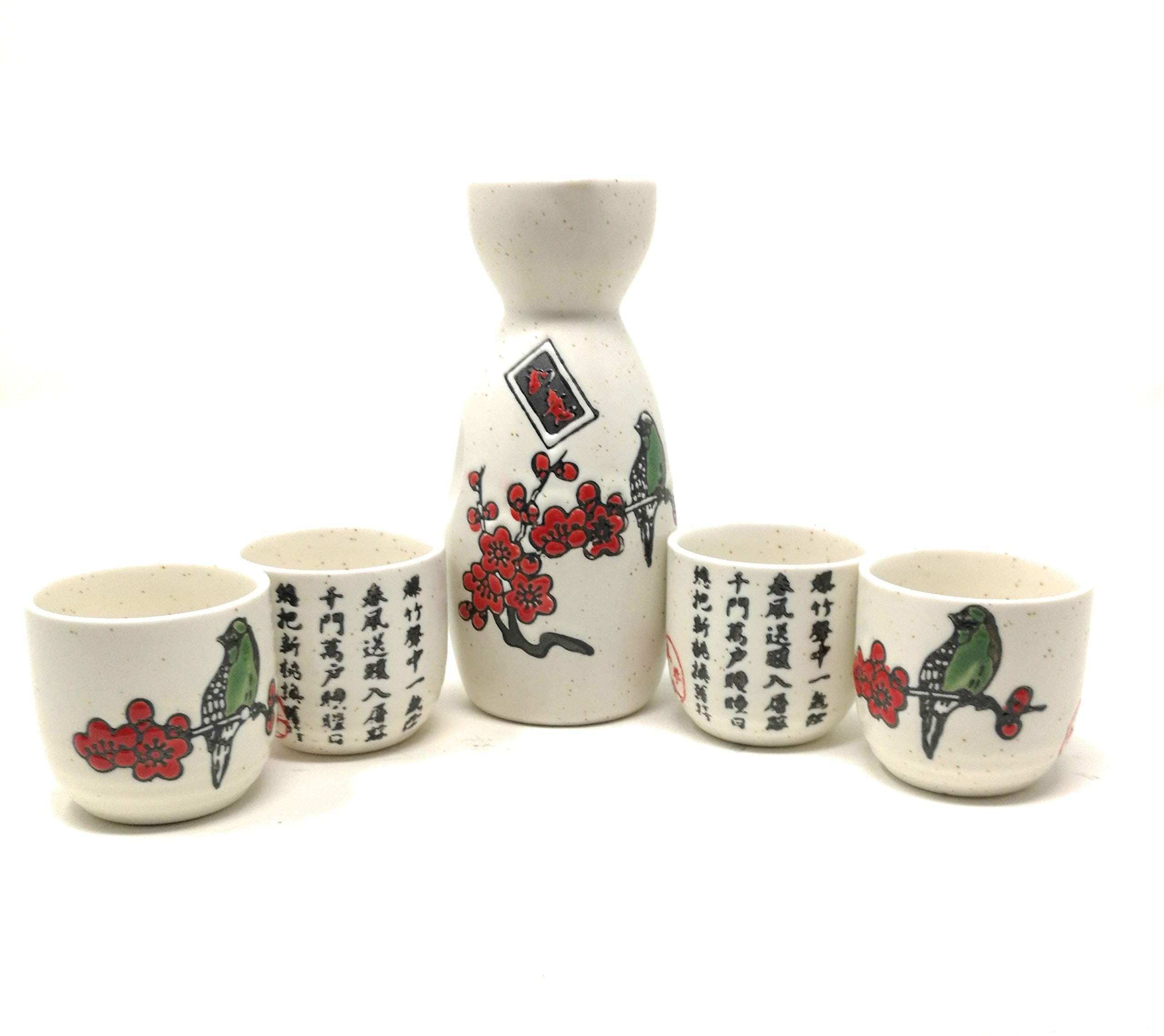 TJ Global 5-Piece Sake Set, Durable Ceramic Japanese Sake Set with 1 Carafe/Decanter/Tokkuri Bottle and 4 Ochoko Cups for Sake at Home or Restaurant - Cherry Blossom with Bird and Calligraphy