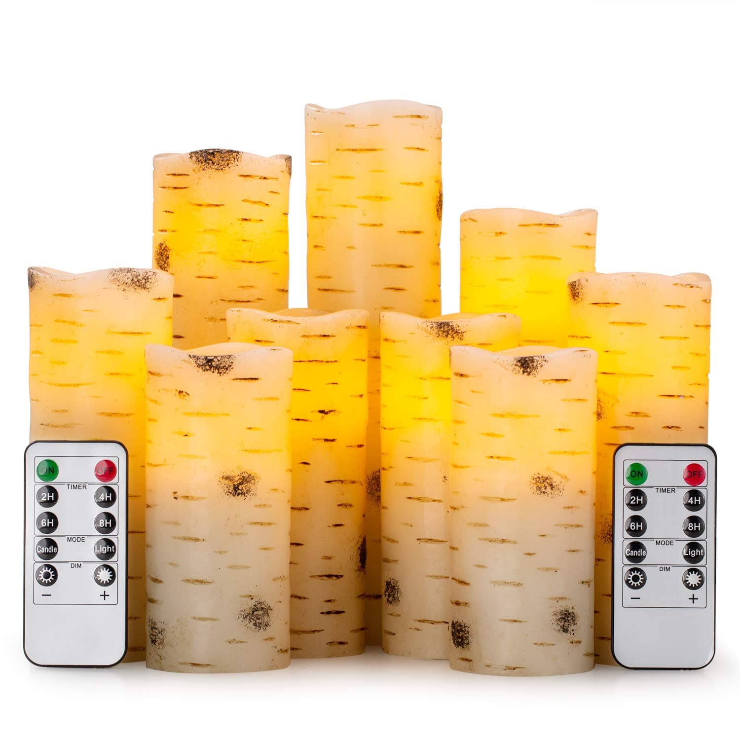 Flameless Flickering LED Candles with Birch Bark Effect - Set of 9 Battery-Operated Real Wax Pillar with 10-Key Remote Control - 2/4/6/8 Hour Timer