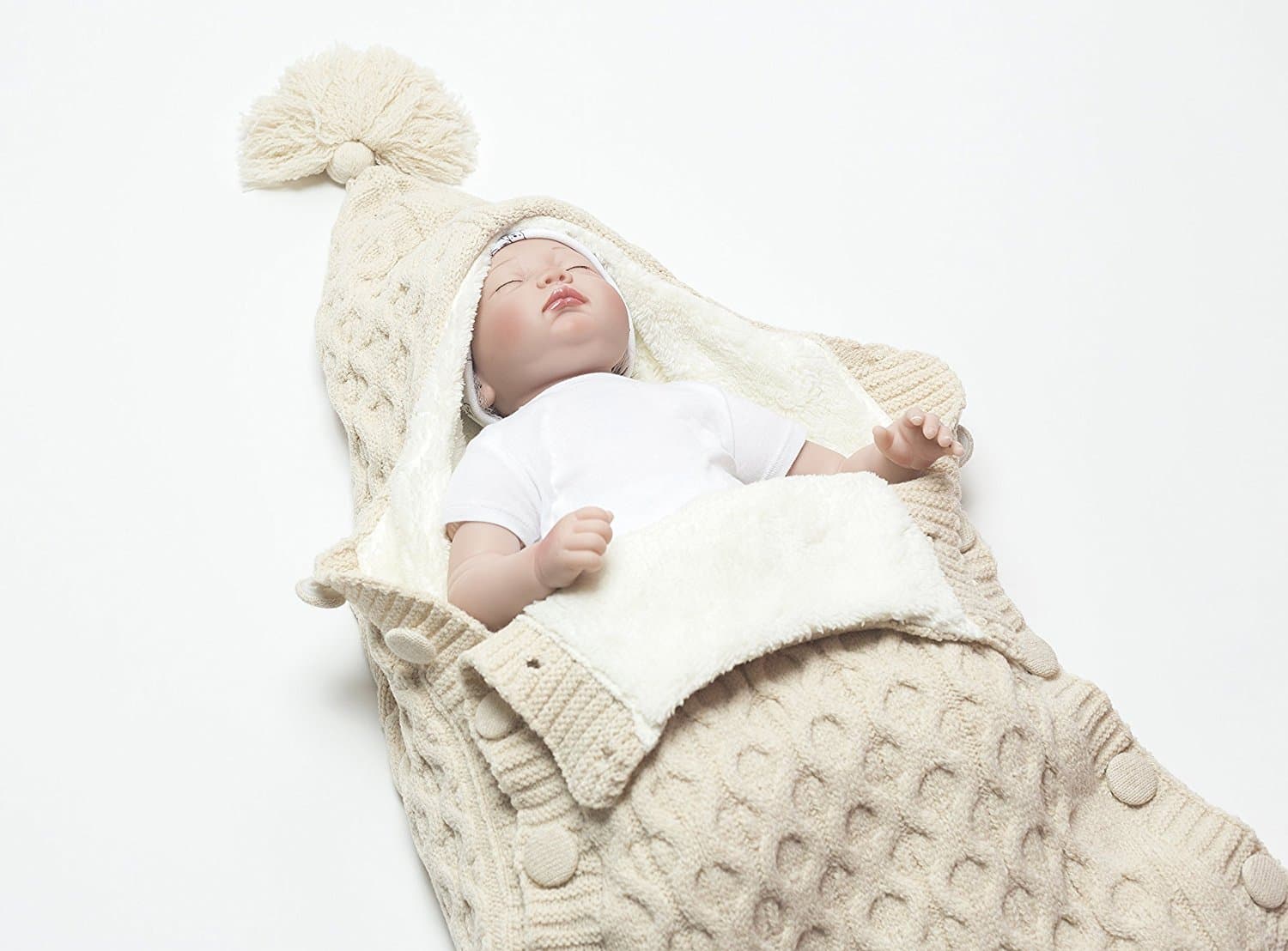 Softy Knitted Wool Blended Baby Sleep Wrap Swaddle Blanket with Button - 0-12 Months - Beige