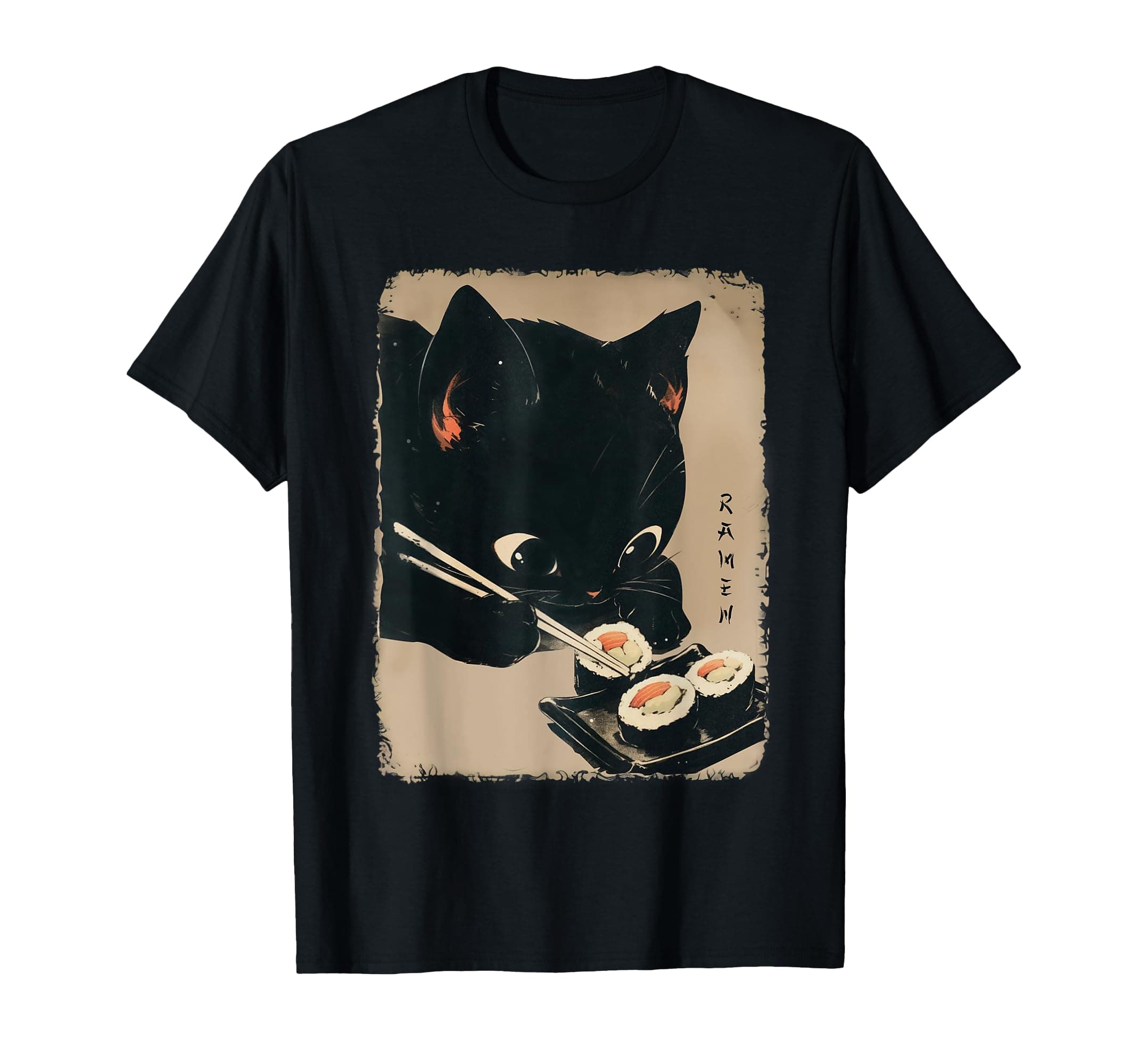Cat Eating Sushi Vintage Japanese CatKawaii Cat Eating Sushi Funny Japanese Anime Cute Cat Girls T-ShirtOEKO-TEX STANDARD 100