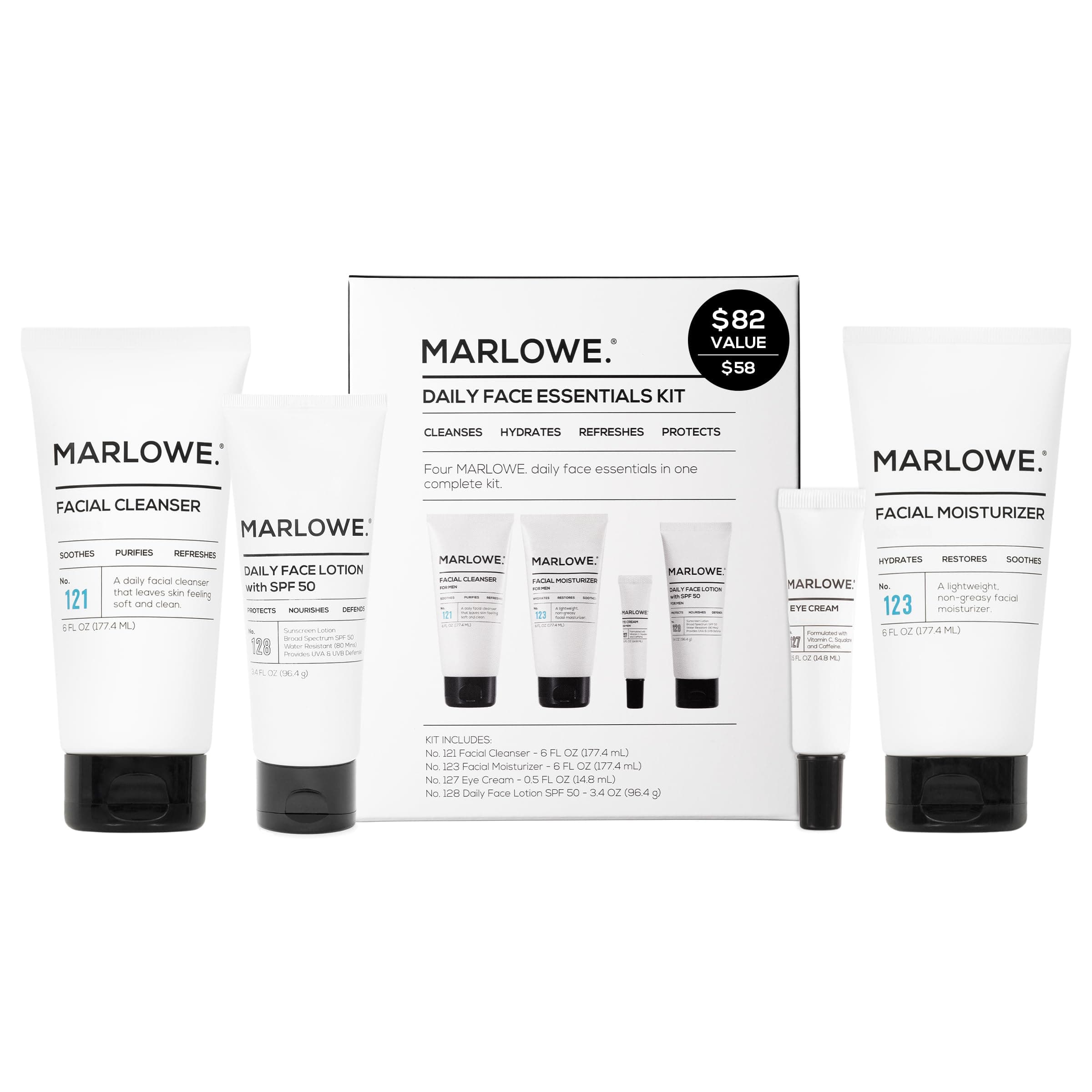- MARLOWE. Mens Skin Care Set, No. 204 Daily Essential Face Kit, No. 121 Facial Cleanser, No. 123 Facial Moisturizer, No. 127 Eye Cream, No. 128 Daily Face Lotion with SPF 50, Great Gift for Men