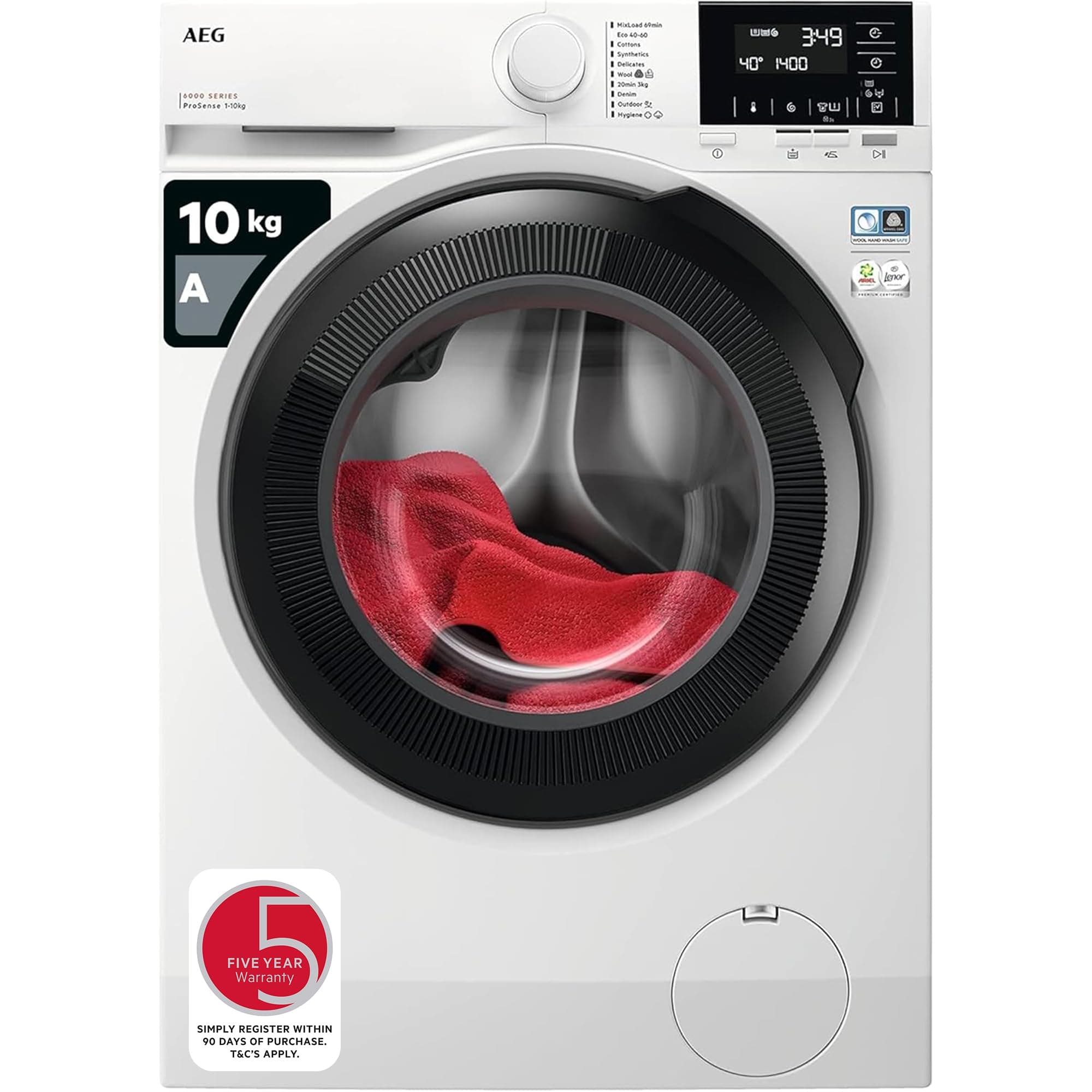 6000 Series Washing Machine 10kg LFR61144B, 1400rpm, Reduce Time, Water and Energy by 30% with ProSense Technology, Hygiene Program, Customised Laundry Cycles with MixLoad, Energy Class A