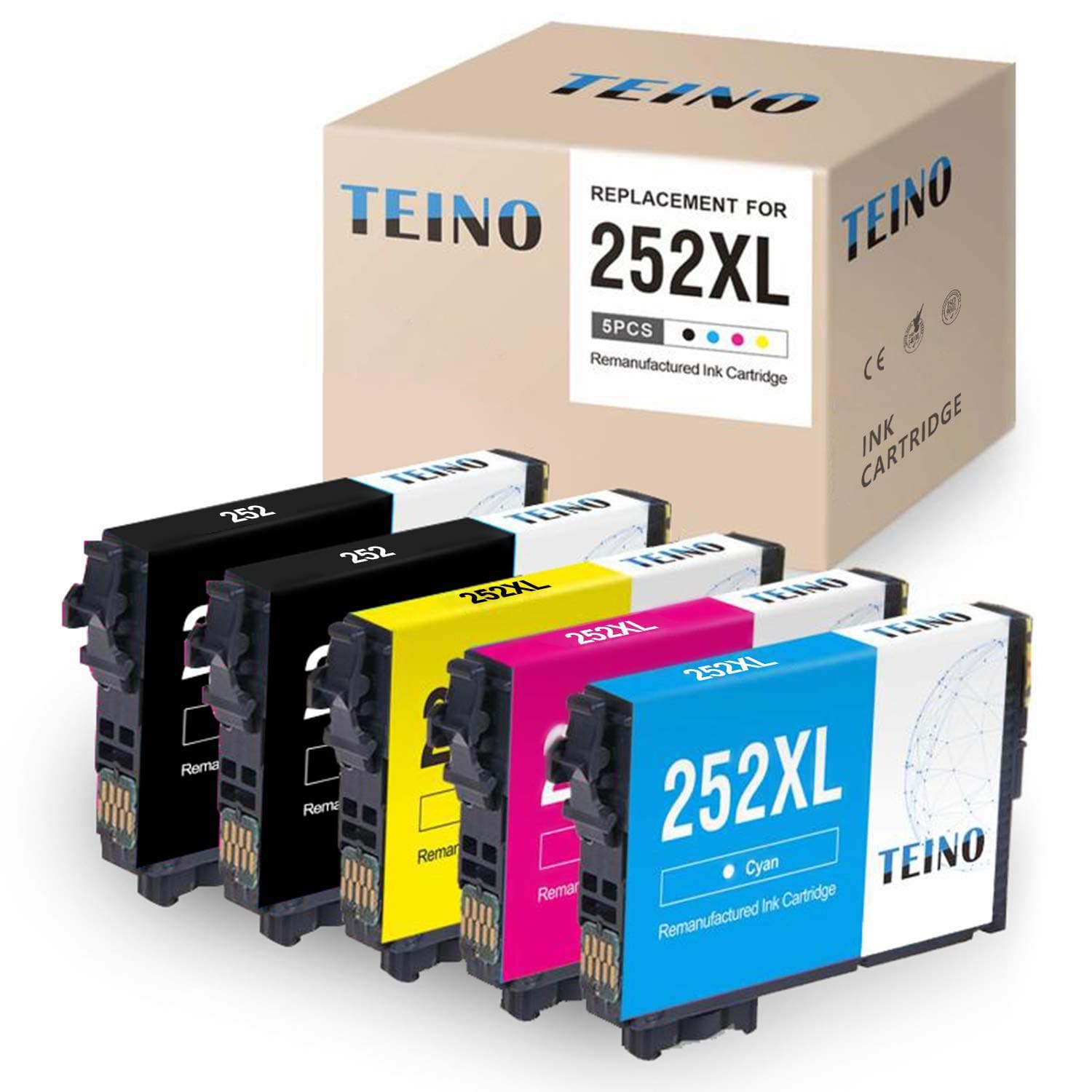 TEINO Remanufactured Ink Cartridge Replacement for Epson 252XL 252 XL T252 T252XL120 for Workforce WF-7710 WF-7720 WF-3640 WF-3620 WF-3630 WF-7620 WF-7610 (2 Black 1 Cyan 1 Magenta 1 Yellow, 5-Pack)