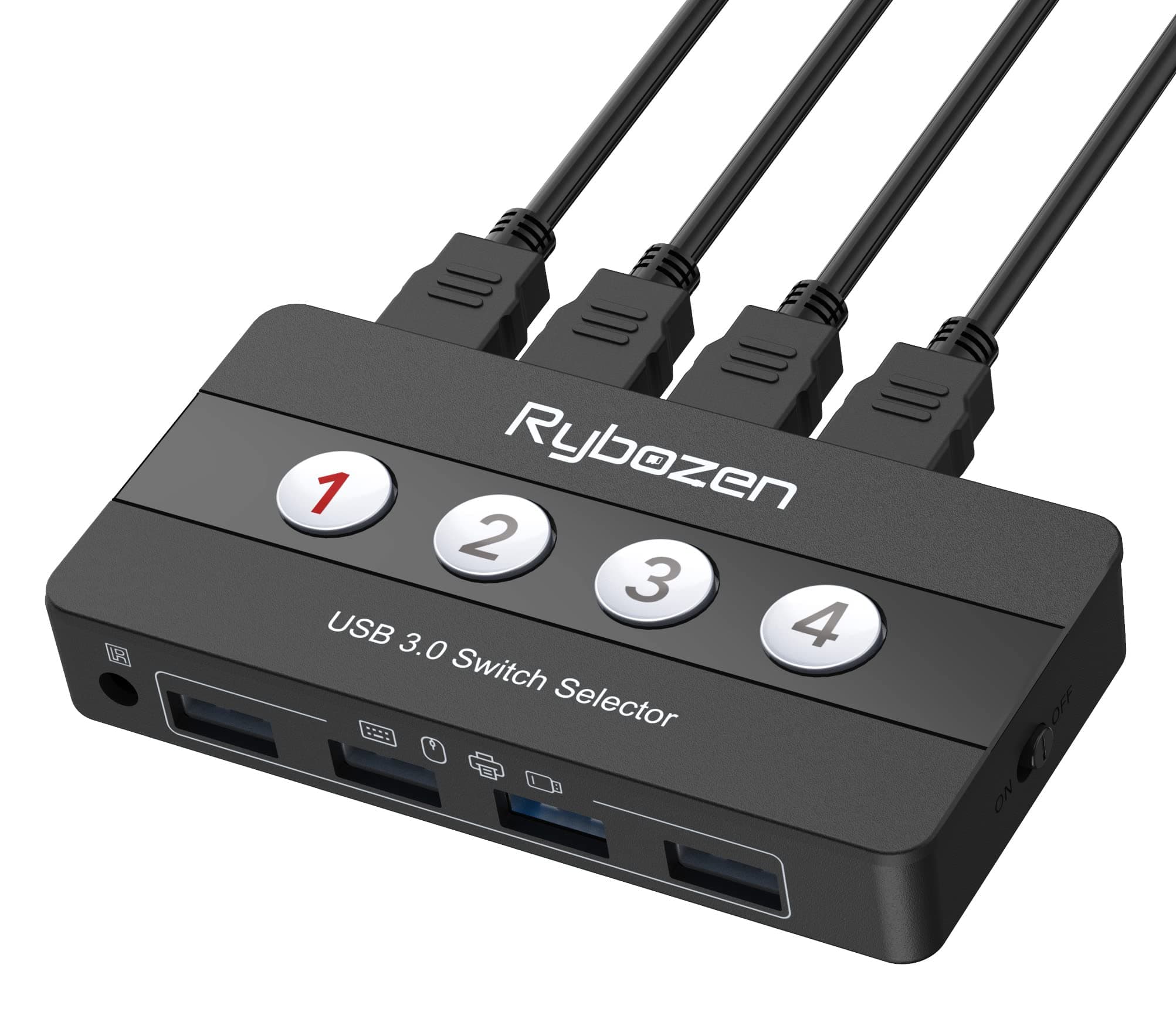 Rybozen USB 3.0 Switch Selector, 4 Port KVM Switch USB Peripheral Switcher Box, 4 Computers Sharing 4 USB Devices, for PC, Printer, Scanner, Mouse, Keyboard, Button Switch & Remote Control