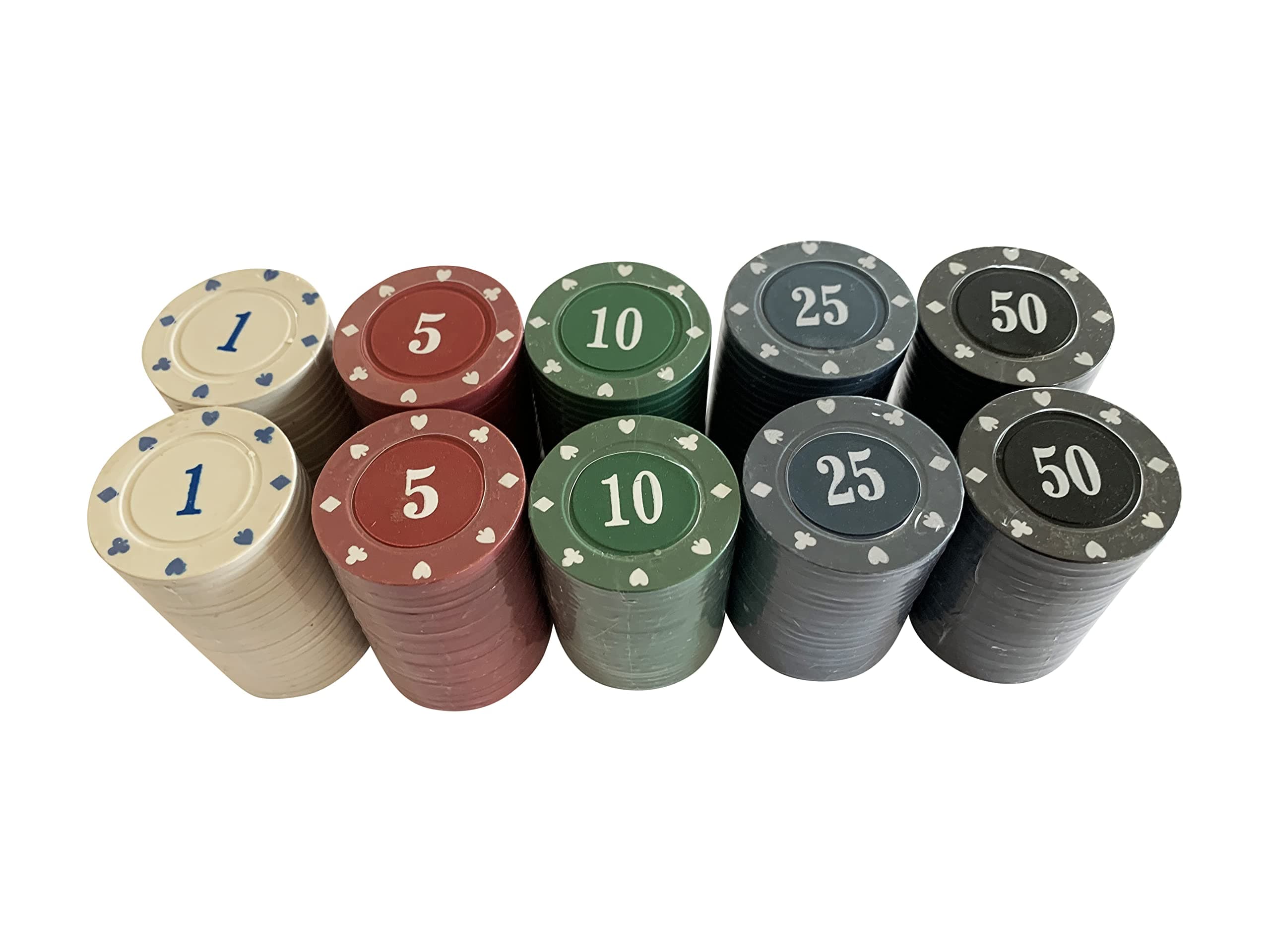 200 x NUMBERED POKER ROULETTE CASINO CHIPS - SUITED DESIGNS 40 x 5 COLOURS