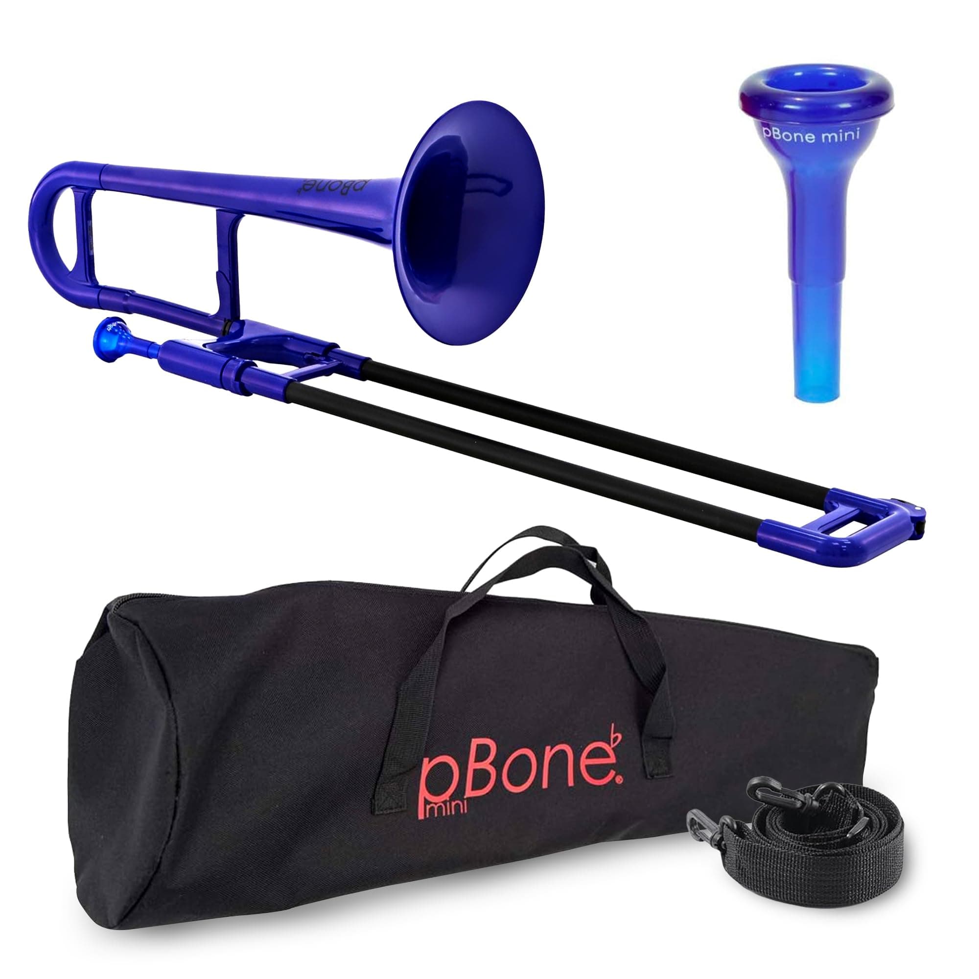 pBone Plastic Kids pBone Mini Trombone - Mouthpiece and Carrying Bag- Lightweight Versatile, Comfortable Ergonomic Grip- Eb Authentic Sound for Student & Beginner- Durable ABS Construction- Blue