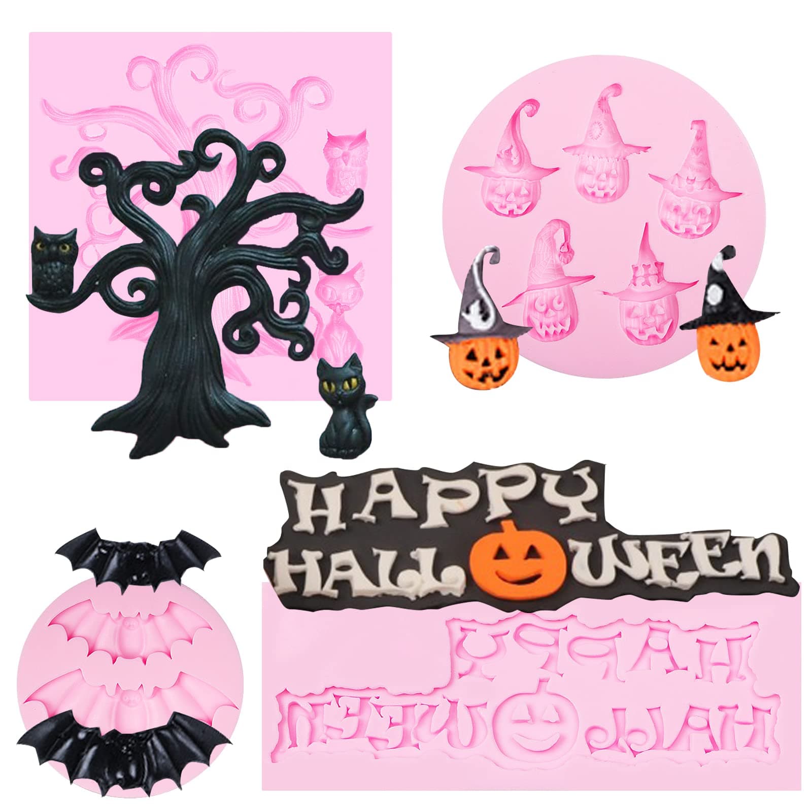 Halloween Chocolate Tree and Cat Silicone Molds for Fondant Mold Candy Cupcake Topper, DIY Soap, Cake pop, Popsicle, Polymer Clay Crafts