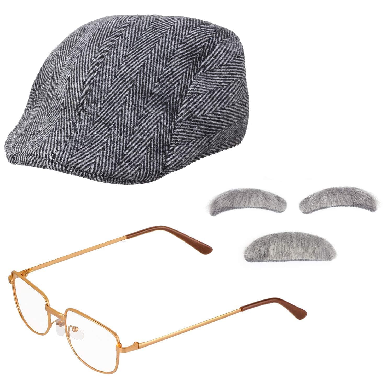 Beelittle Old Man Costume Grandpa Accessories Men Beret Hat Glasses Moustache Eyebrows Set