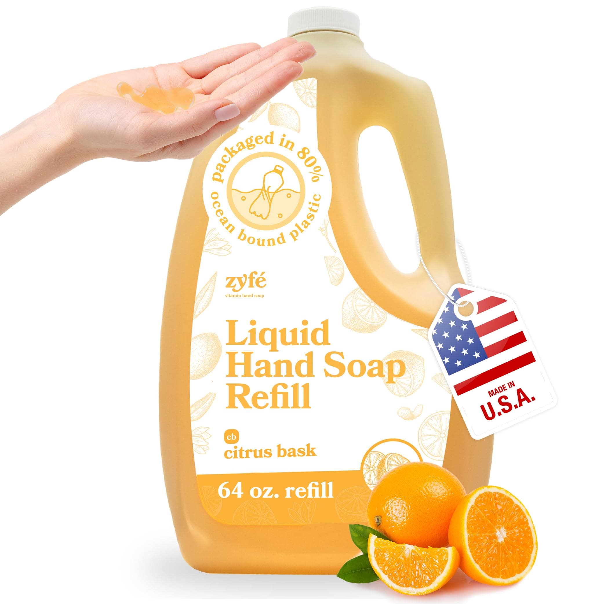 Vitamin Hand Soap Refill - Liquid Hand Soap - Natural Plant Derived Moisturizing Handsoap with Essential Oil Fragrance Citrus Bask - Soft Hand Wash for Kitchen & Bathroom - Lush Soft Soap 64oz