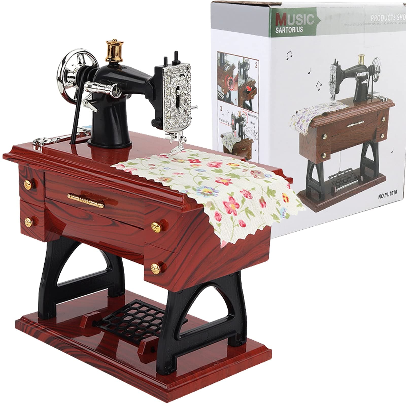 Electric Sewing Machine Mini Music Box, European Crafts Retro Sewing Clockwork Home Crafts Table Decoration Birthday Gift, Brown