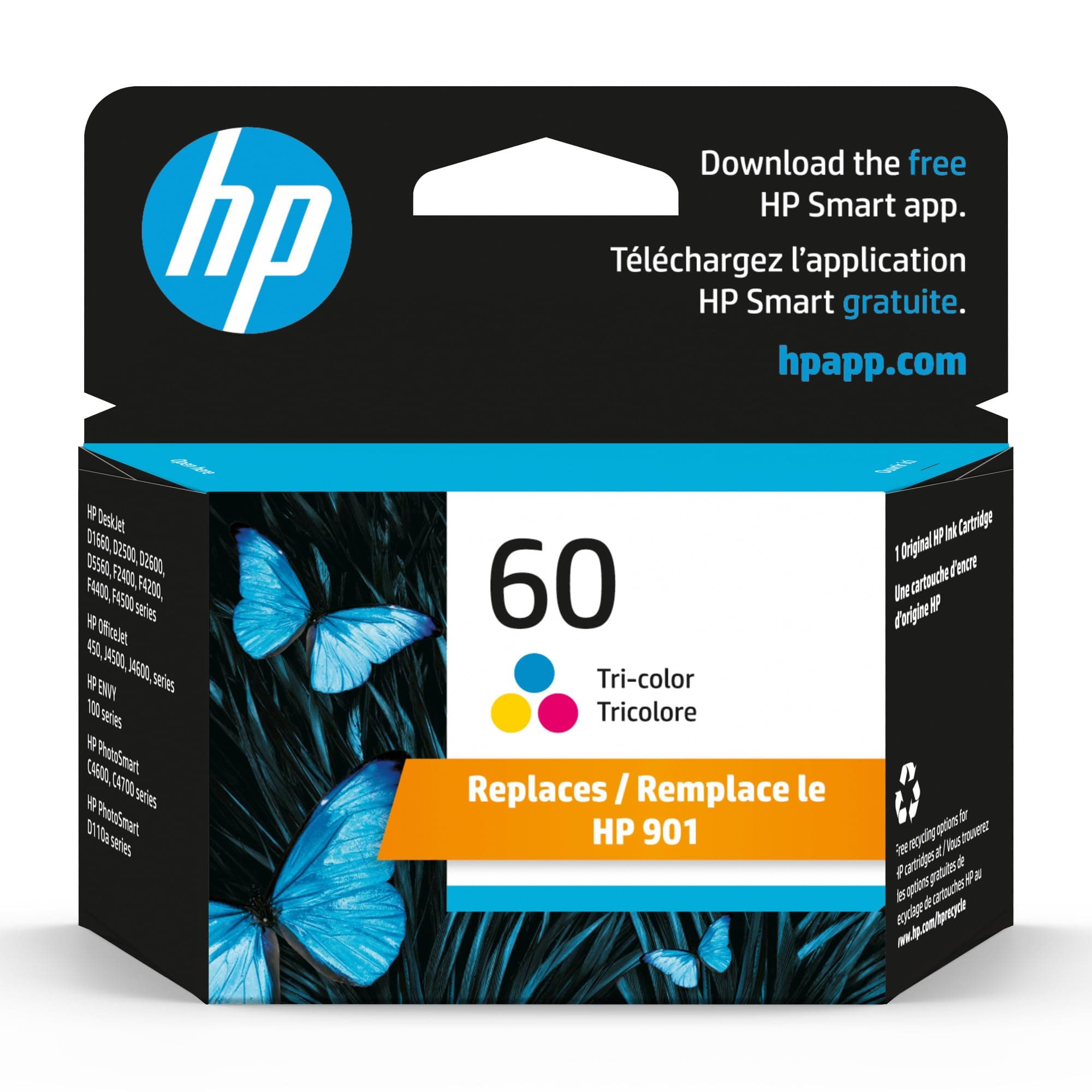 HP 60 Tri-color Ink Cartridge For Printers | Works with DeskJet D1660, D2500, D2600, D5560, F2400, F4200, F4400, F4580; ENVY 100; OfficeJet J4500, J4680, 4500; PhotoSmart C4600, C4700, D110a | CC643WN
