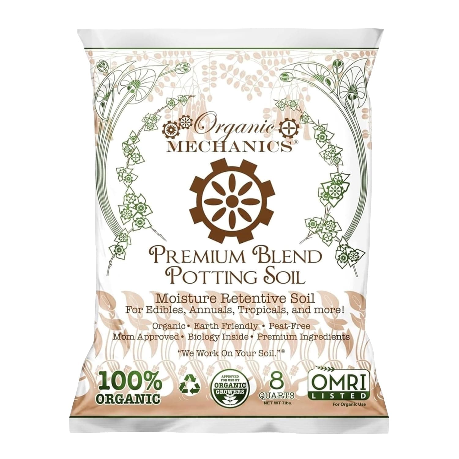 Premium Blend Potting Soil, 8 qt - Moisture-Retentive, Peat-Free, Compost - Enriched Mix with Worm Castings & Perlite for Houseplants, Annuals, Veggies & Tropical Plants