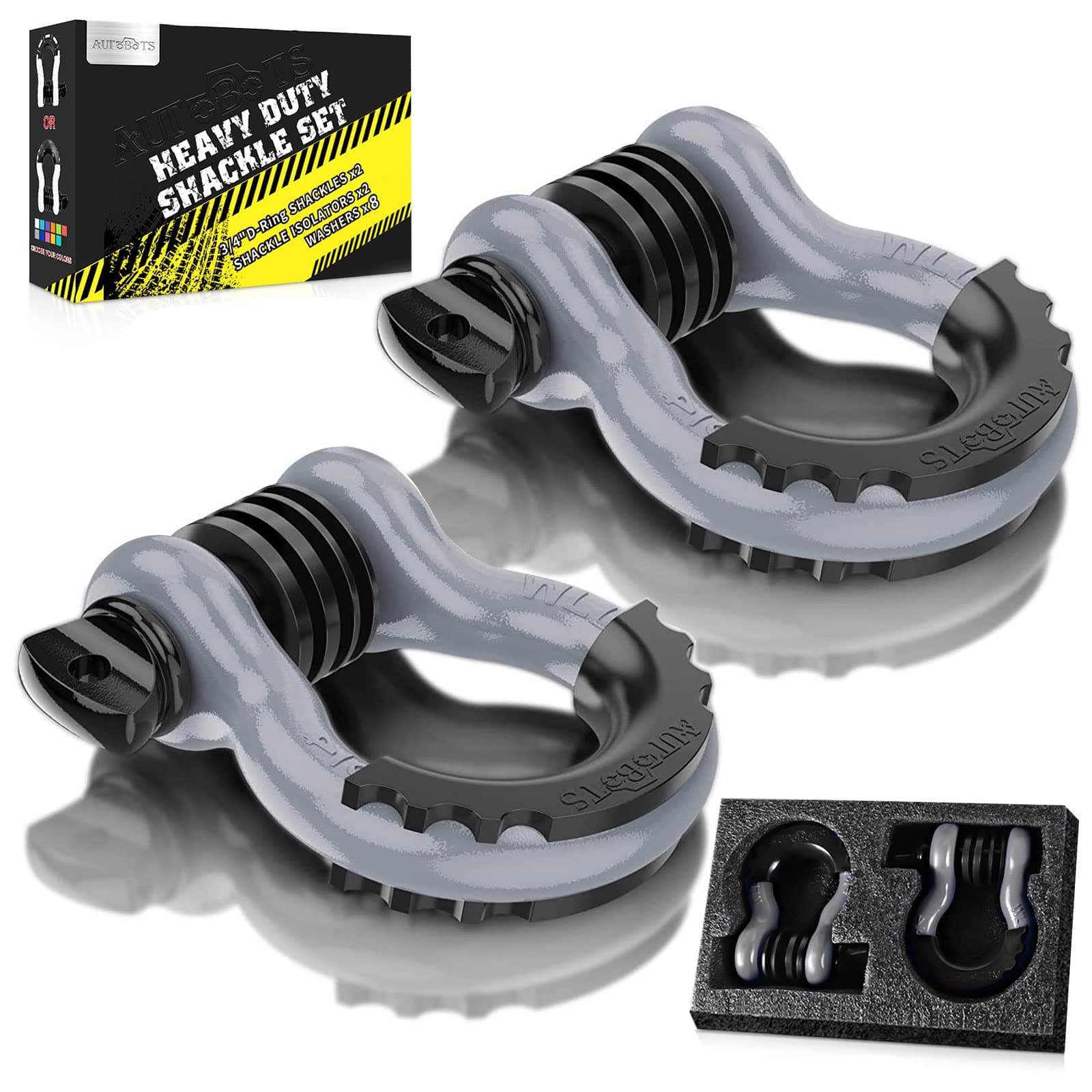 Bow Shackle 3/4" D-Ring Shackle (2 Pack), 41,887Ib Break Strength with 7/8" Pin, 2 Isolator and 4 Washers Kit for Off-Road Jeep Vehicle Recovery (Gray-Black)