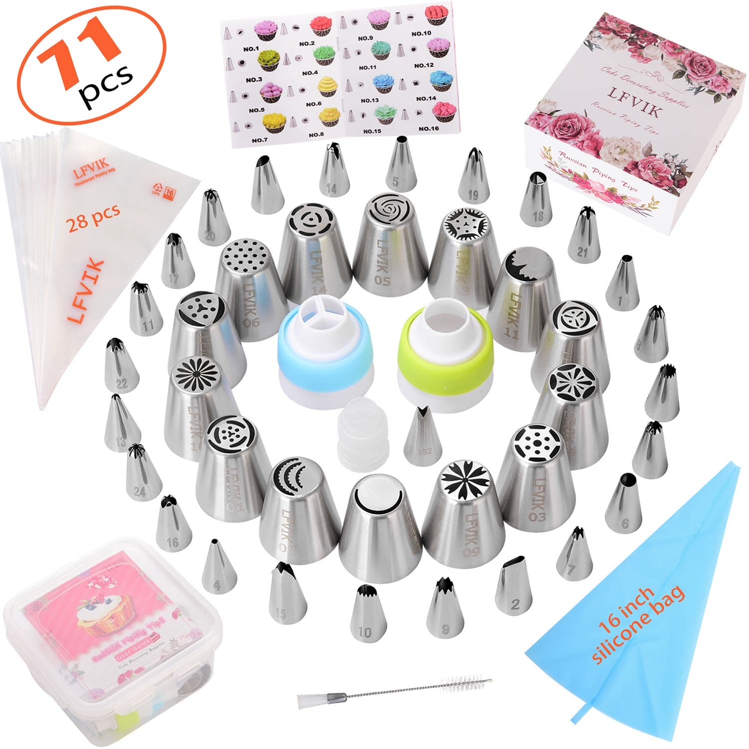 Russian Piping Tips set 71Pcs-Cake Decorating Supplies with storage case-39 Numbered easy to use (14 Russian+24 Icing+1 Leaf Tips) 3 Couplers-28 Pastry Bags-Paper User Guide