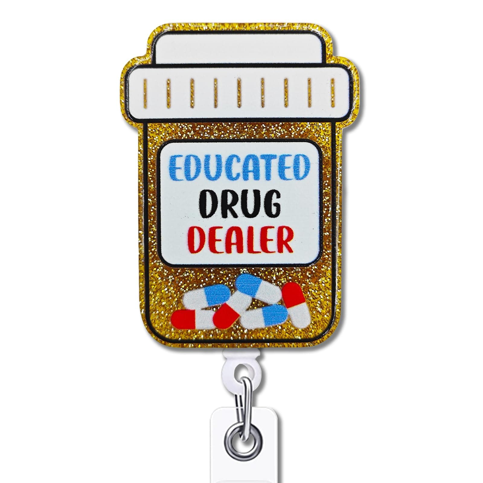 YAZMEEN Nurse Retractable Badge Reel with Alligator Clip Educated Drug Dealer ID Card Badge Holder for Pharmacist Funny Medicine Bottle Gold Glitter Badge Reel Gift for Pharmacy Nurse Doctor Student