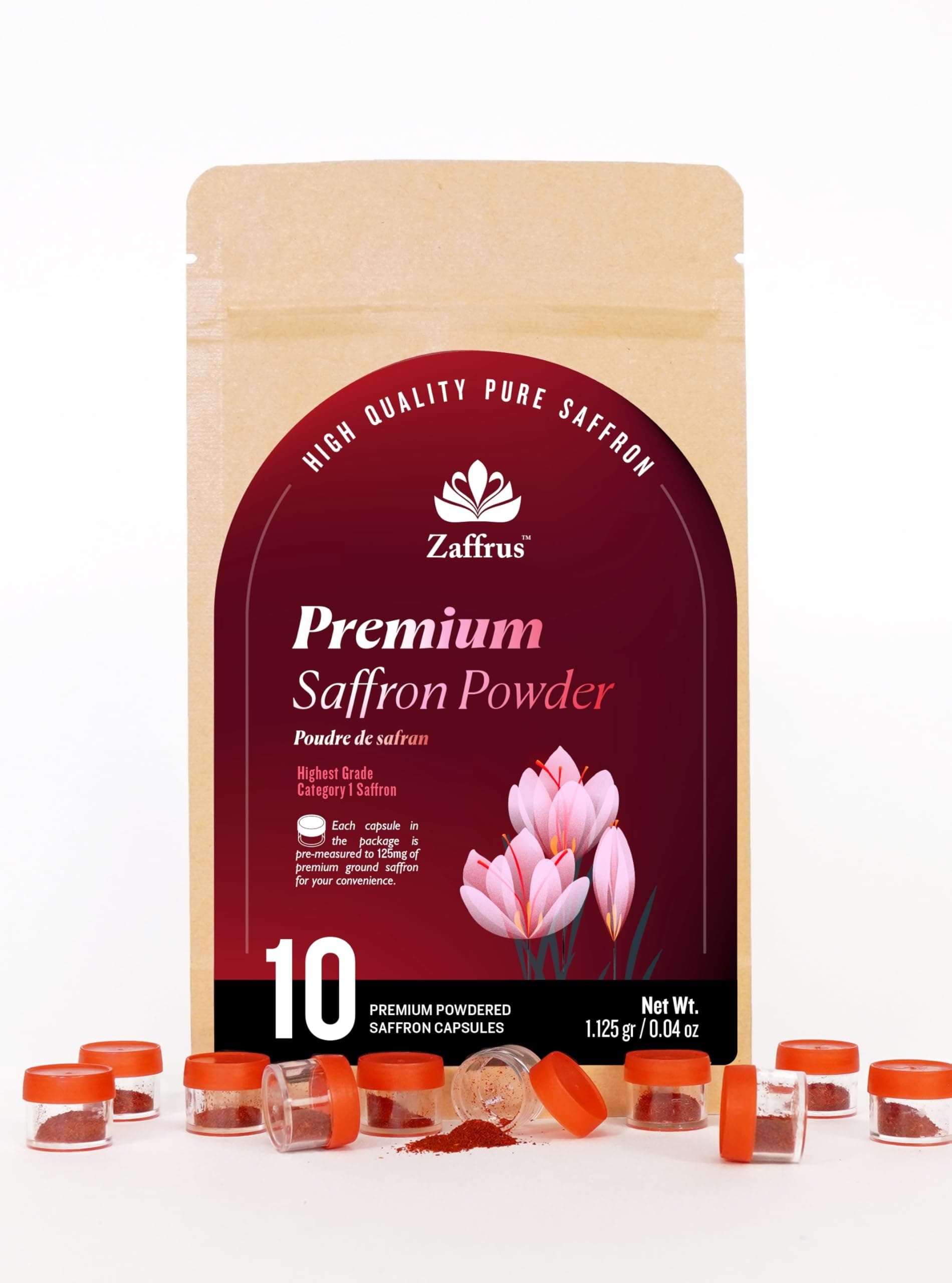 Zaffrus - Premium Saffron Powder for Cooking, Athletes, Specialty Drinks Fans - Pack of 10 (1.125 gr/ .04 oz)