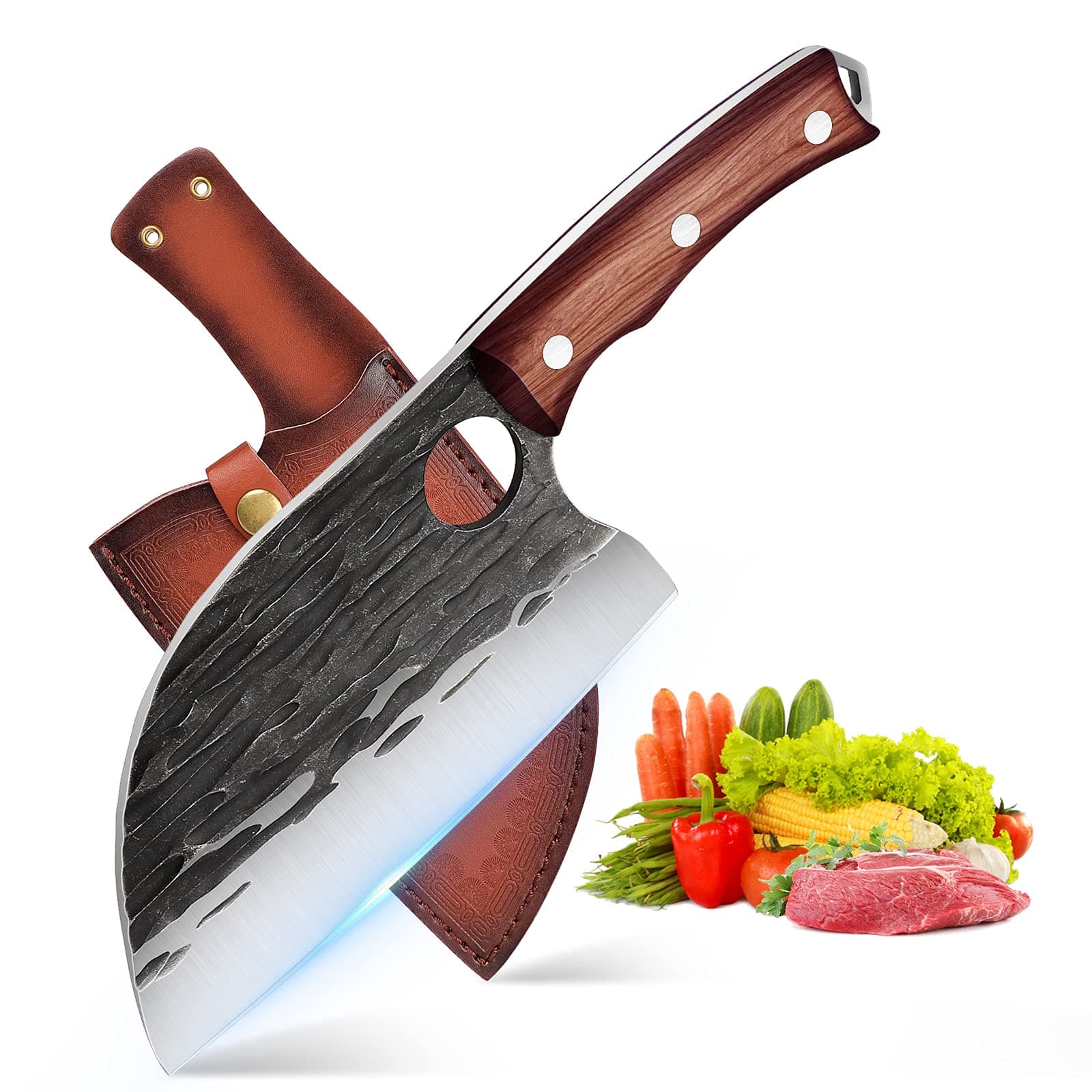 ROCOCO Cleaver Knife Serbian er Knife Hand forged Kitchen Knives for Meat Vegetable Sharp Chopping Knife Full Tang Handle High Carbon Steel Chef Knife with Sheath Outdoor Boning Knife for BBQ Camping