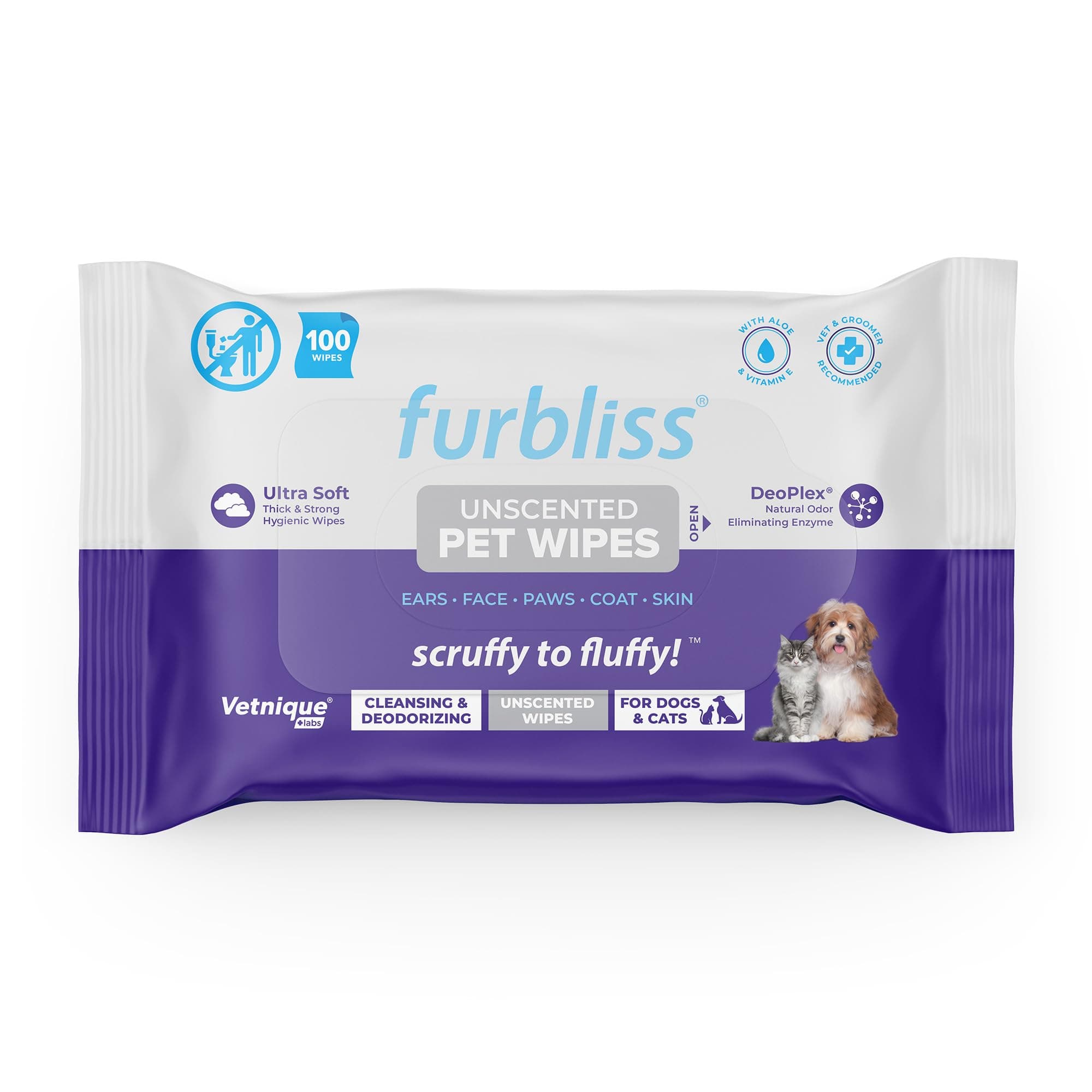 Vetnique Furbliss Hygienic Dog Grooming Wipes Cleansing Grooming & Deodorizing Hypoallergenic Pet Wipes with Natural Deodorizer 100ct (Unscented)