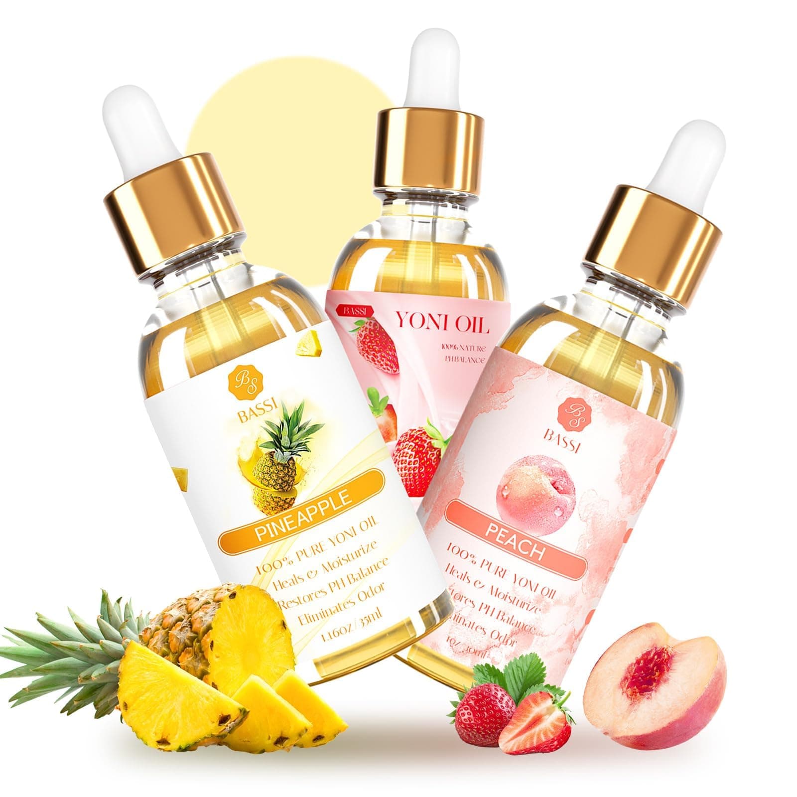 3 Packs Yoni Oil for Women - Feminine Care Oil - All Natural Vaginal Essential Oils, Reduces Odor, Restores pH Balance and Wetness, 1 fl oz/pc Strawberry Pineapple Peach Scent