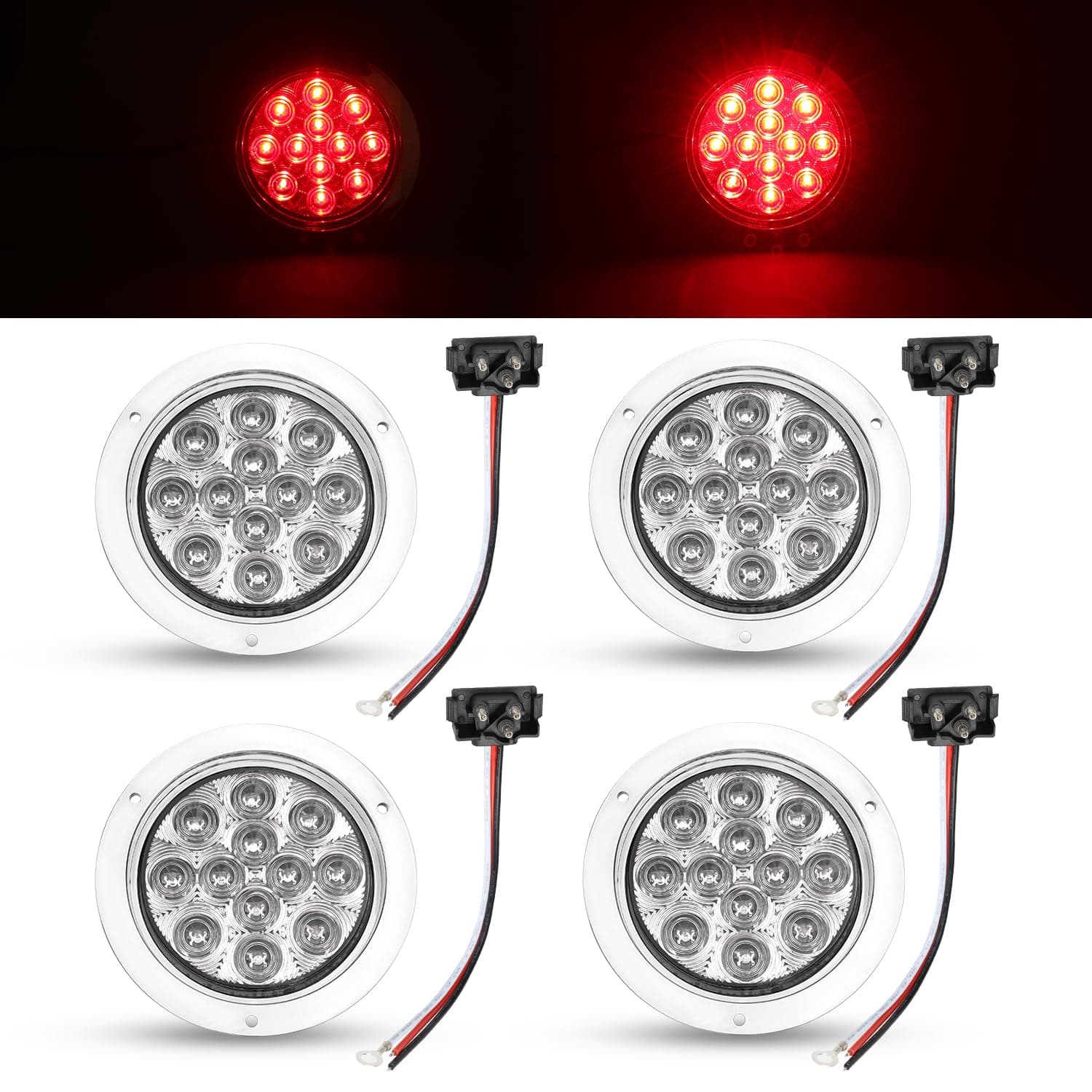 TMH (Pack of 4 Clear Lens Red LED 4 Inch Round Trailer Tail Lights with Chrome Bezel F3 Piranha 12 LED for Truck Bus Lorry Trailer 12V DC