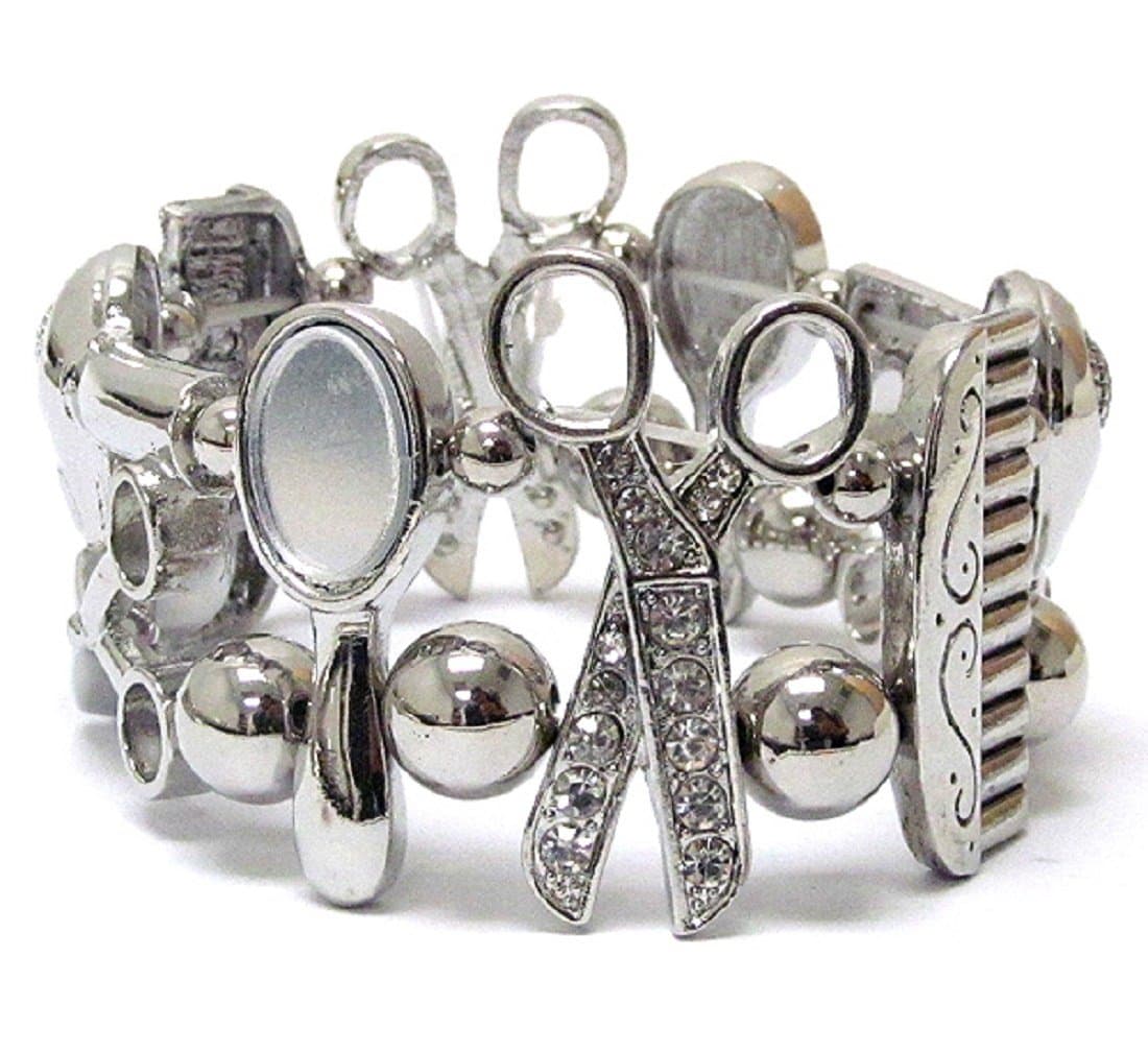 Hairstylist Bracelet, Hairdresser, Scissor Comb Mirror, Wide Silver Rhinestones Shoppingbuyfaith