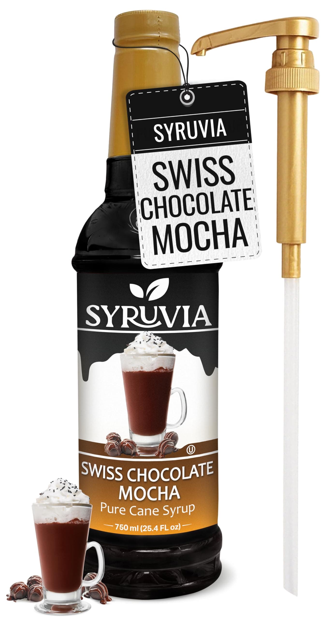 Swiss Chocolate Mocha Syrup - 25.4 fl oz Premium Coffee Flavoring Syrup - Kosher Coffee Syrups, Gluten Free, No Coloring, Perfect for Drinks, Soda, Shakes, Desserts, and More With Pump