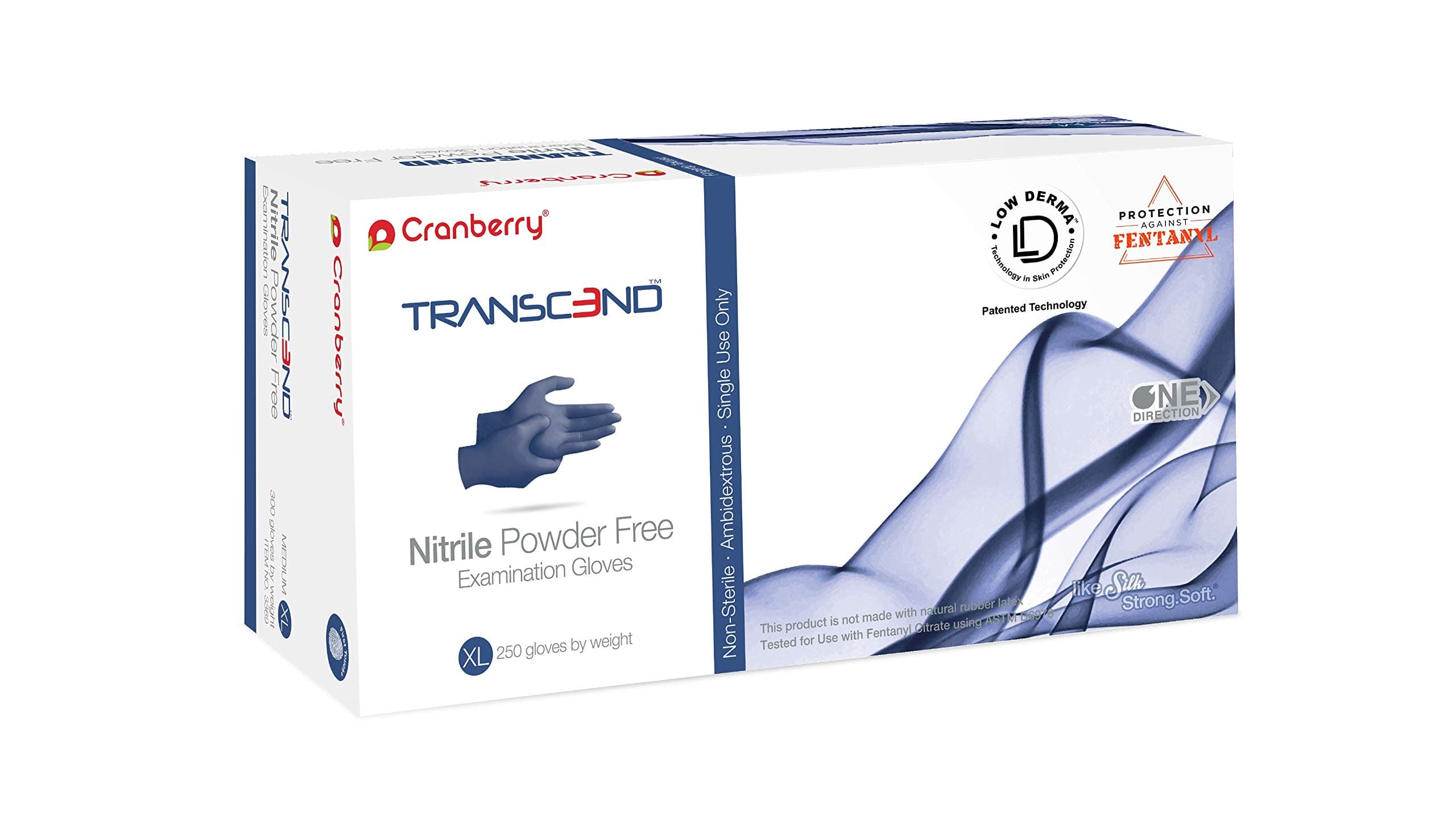 Cranberry Transcend Matte Blue Nitrile Exam Gloves, Pack of 250, X-Large, Fentanyl Resistant, Chemo Drug Tested, Low Dermatitis Potential, 2.5 Mil