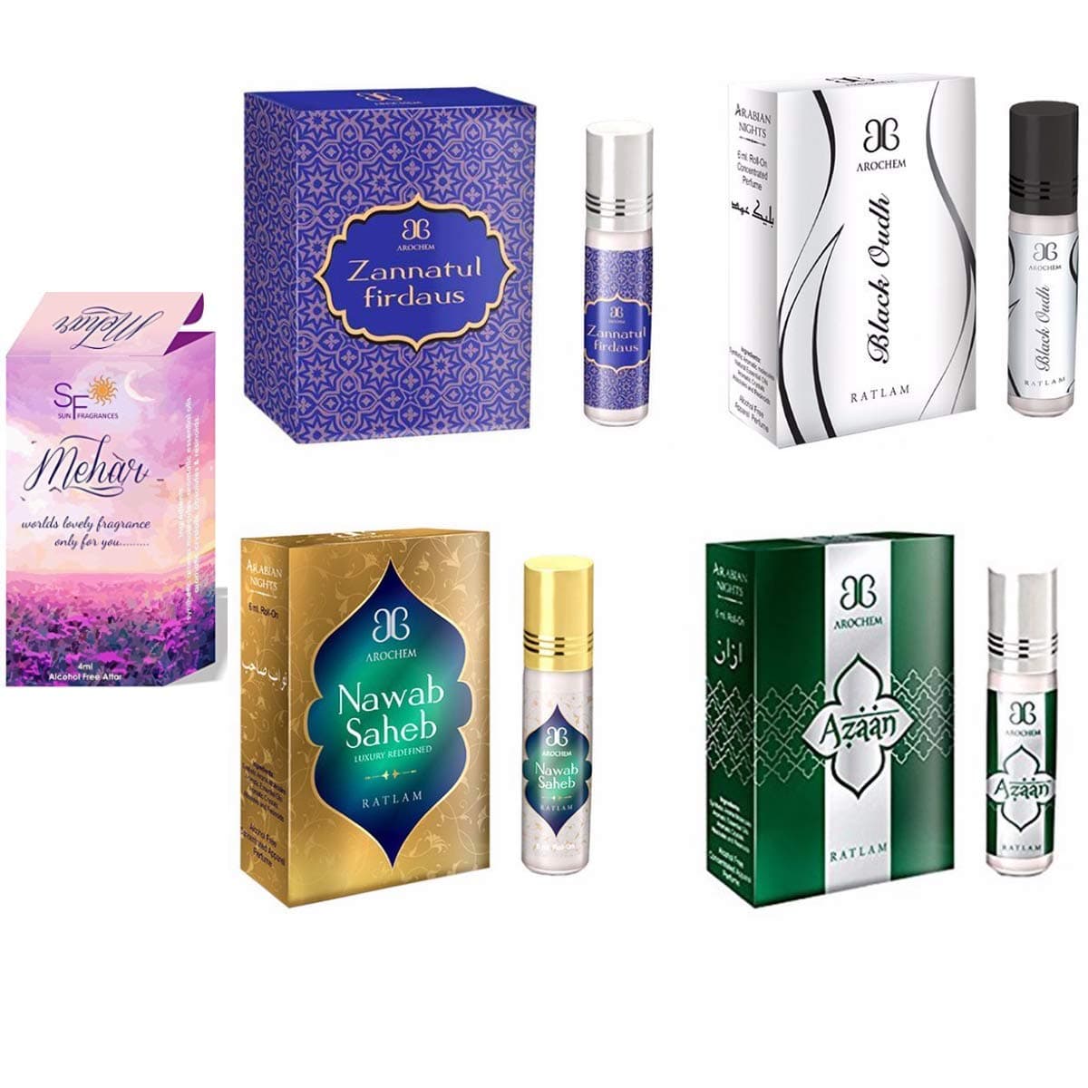 Arochem Zannatul Firdaus, Black Oudh,Nawab Saheb and Azaan Attar Combo of 4, 2ml each