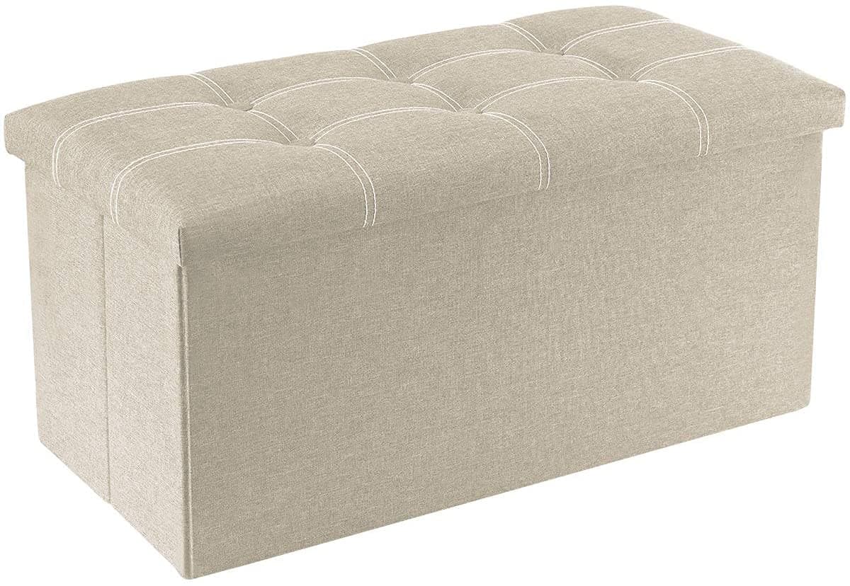 Folding Storage Ottoman, Long Shoes Sofa Bench, Fabric Linen Footrest Stool for Laundry, Storage Space, End of Bed Seat, Toys Storage Organizer Bin Box with Lidded Cover (Beige, 76X38X38)