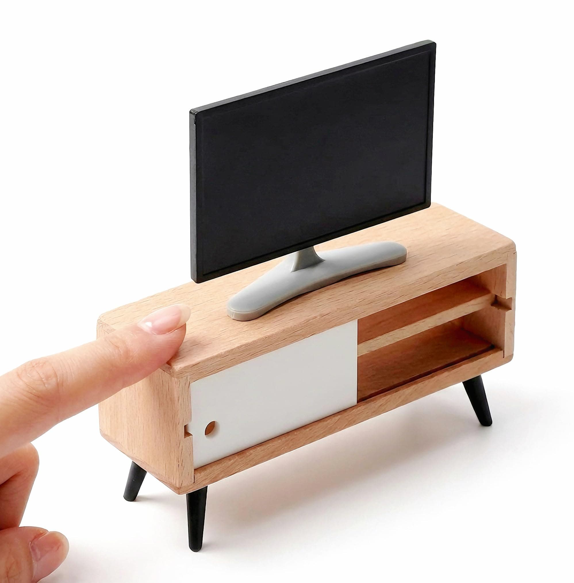NUOBESTY Dollhouse TV and Wood Television Cabinet, 1/12 Scale Realistic Toy Monitor Modern Miniature TV Stand Mini Display Set for Doll House Living Room Furniture