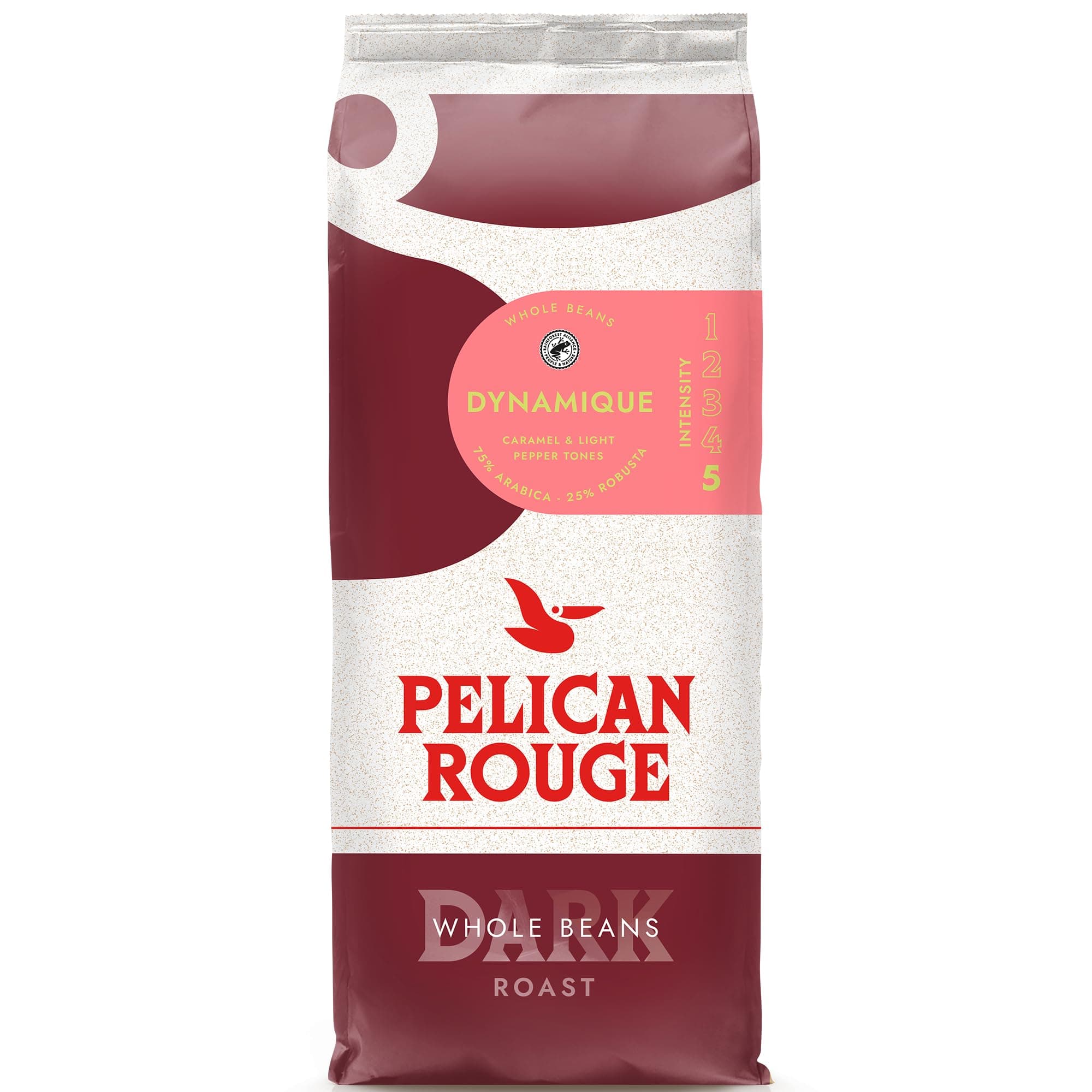 Pelican Rouge DYNAMIQUE Whole Dark Roasted Coffee Beans | 75 percent Arabica | Rainforest Alliance Certified | New 2023 blend | 1kg bag | Fully-recyclable packaging
