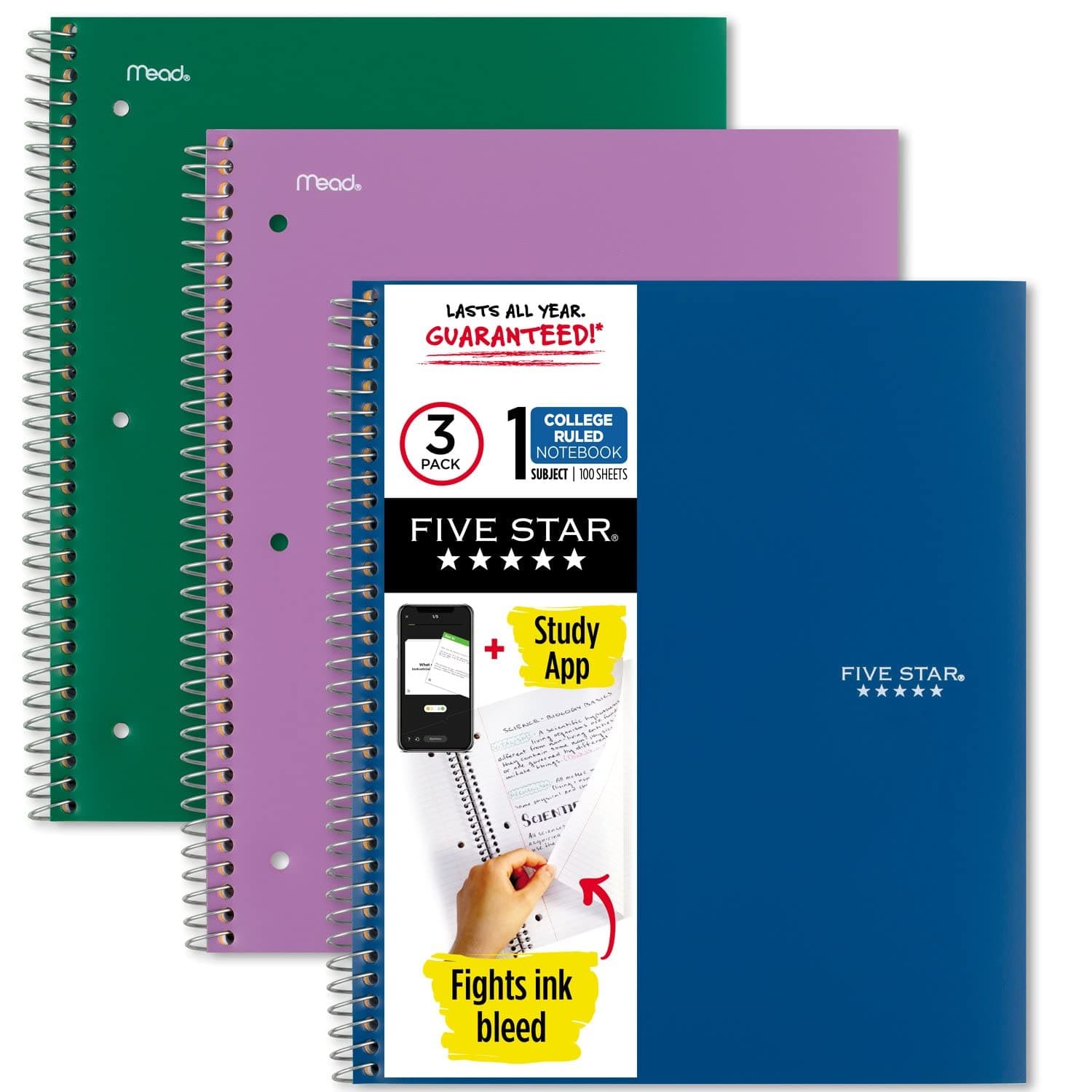 Spiral Notebooks with Pockets + Study App, 3 Pack, 1-Subject, College Ruled Paper, 11” x 8-1/2", 100 Sheets, Forest Green, Amethyst Purple and Pacific Blue (38456)
