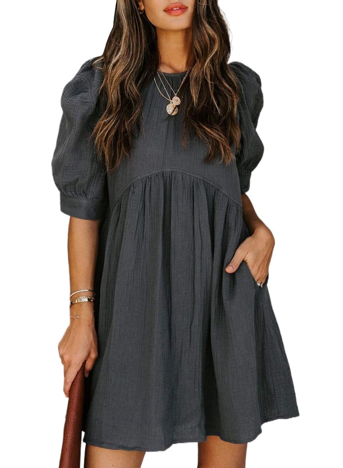 Dokotoo Womens Ladies Summer Sun Dress Spring Tunic Dress Round Neck Lantern Solid Color Short Sleeve High Waist Pocketed Mini Short Shift Dress for Party Gray Small