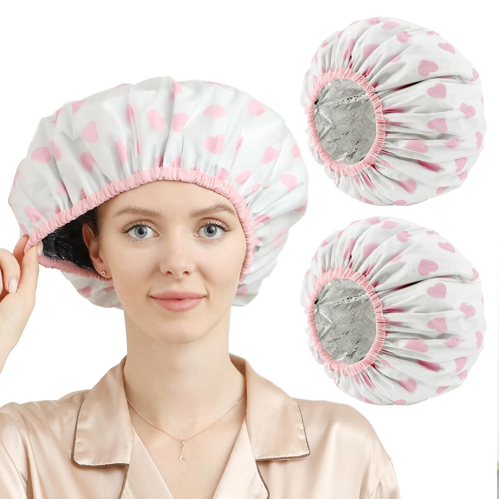 2 Pieces Heat Cap for Deep Conditioning, Conditioning Cap Made of Aluminum Foil for Home and Salon Use, Hair Dyeing(White pink)