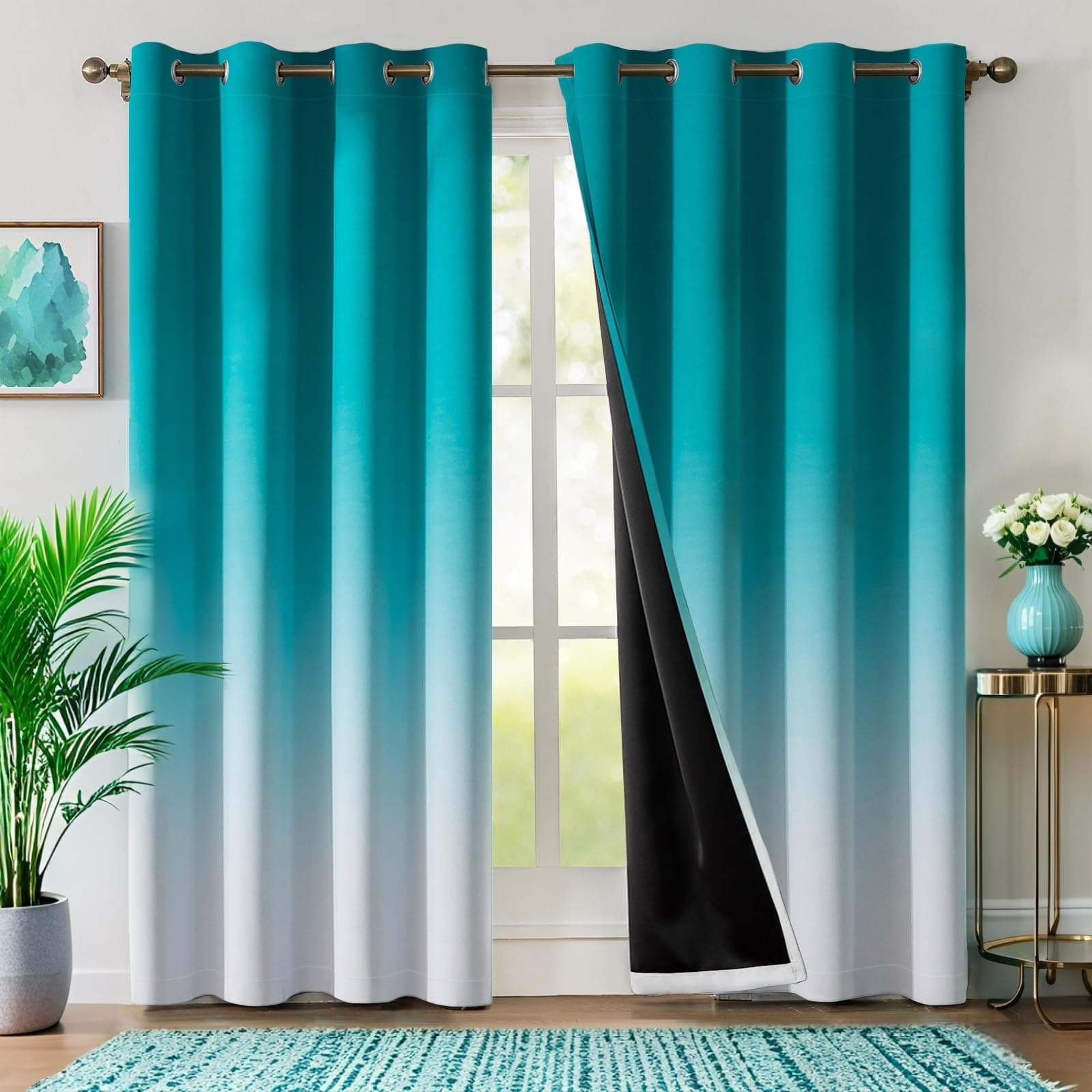 WUBODTI Teal Blackout Curtains for Bedroom 84 Inches Long 2 Panels, Turquoise and White Ombre Curtain Panels Room Decor Gradient Winter Thermal Insulated Room Darkening Drapes for Living Room