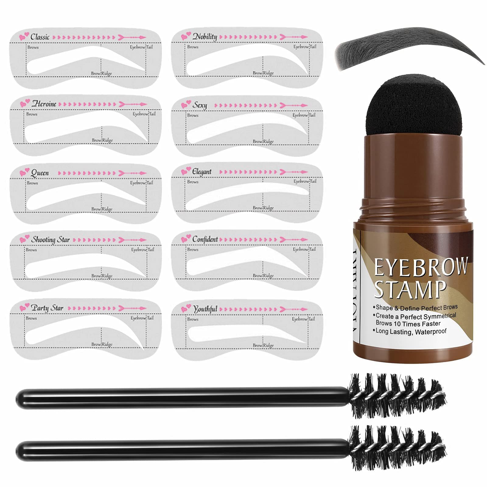 Eyebrow Stamp and 10 Styles Reusable Eyebrow Stencils kit, Perfect Brow Stamp Shaping Kit Eyebrow Definer, Eyebrow Pen Brush and Eyebrow Trimmer Buildable Brow Stencil Makeup Tools (Black)